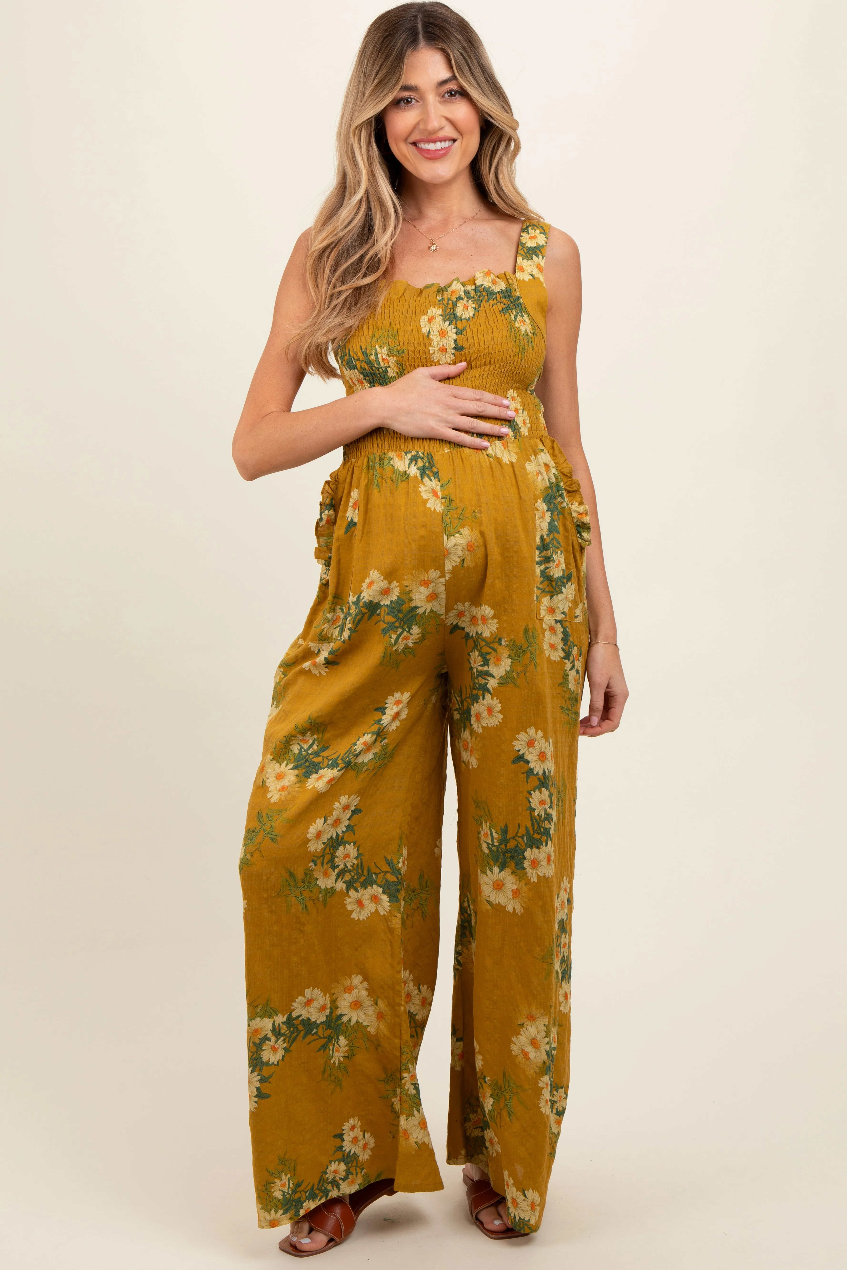 Yellow Floral Smocked Maternity Jumpsuit sold by Pinkblush