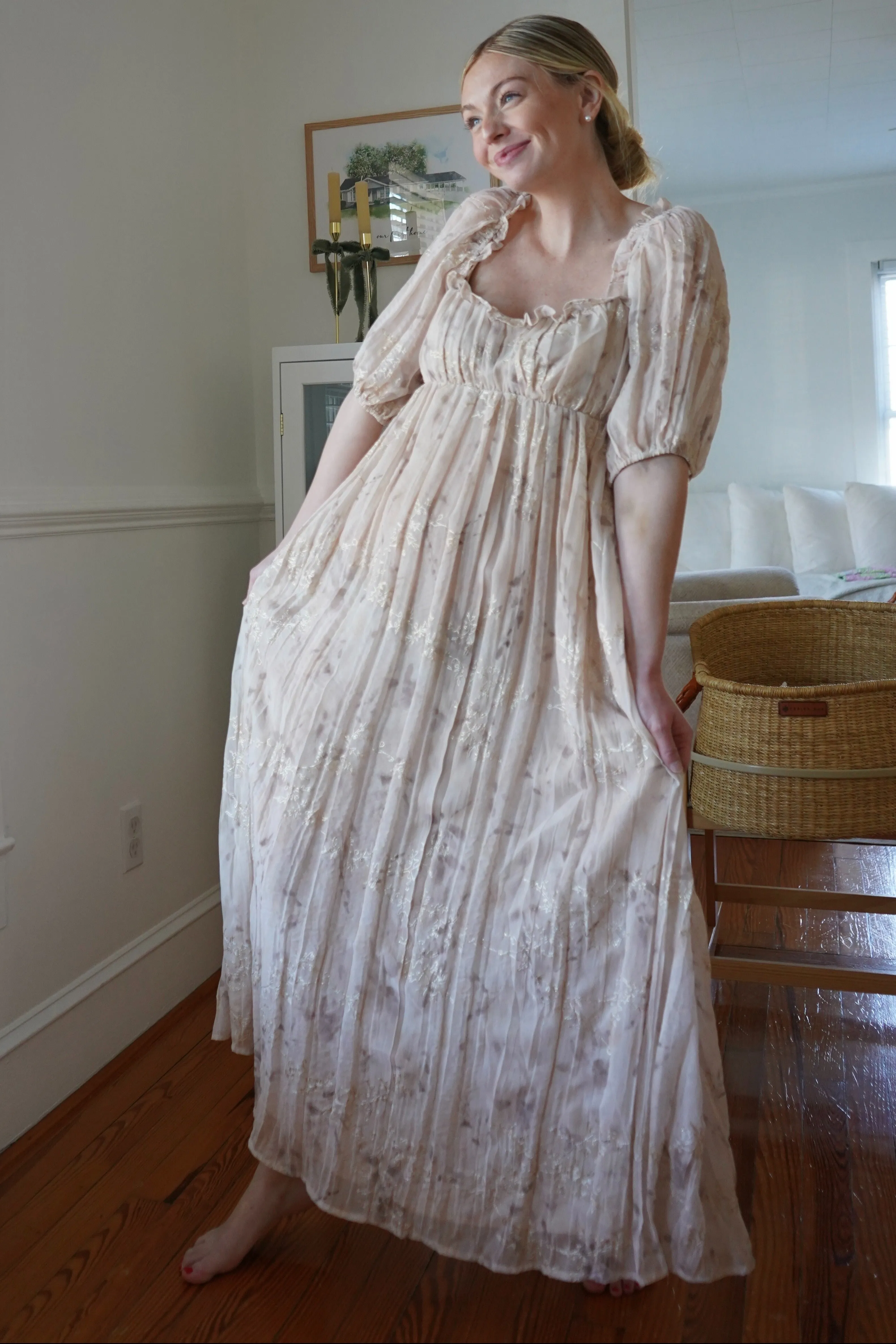 Cream Floral Chiffon Embroidered Ruffle Trim Maxi Dress sold by Pinkblush