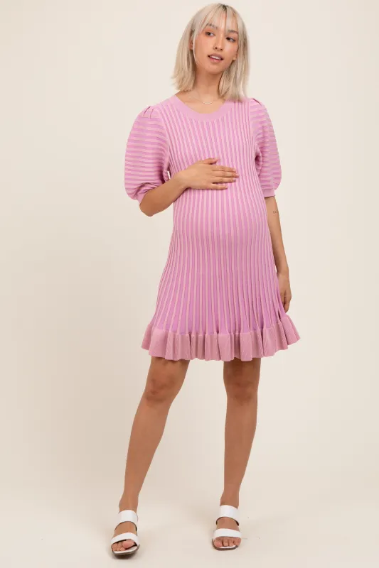 Pink Ribbed Knit Puff Sleeve Ruffle Hem Maternity Mini Dress sold by Pinkblush