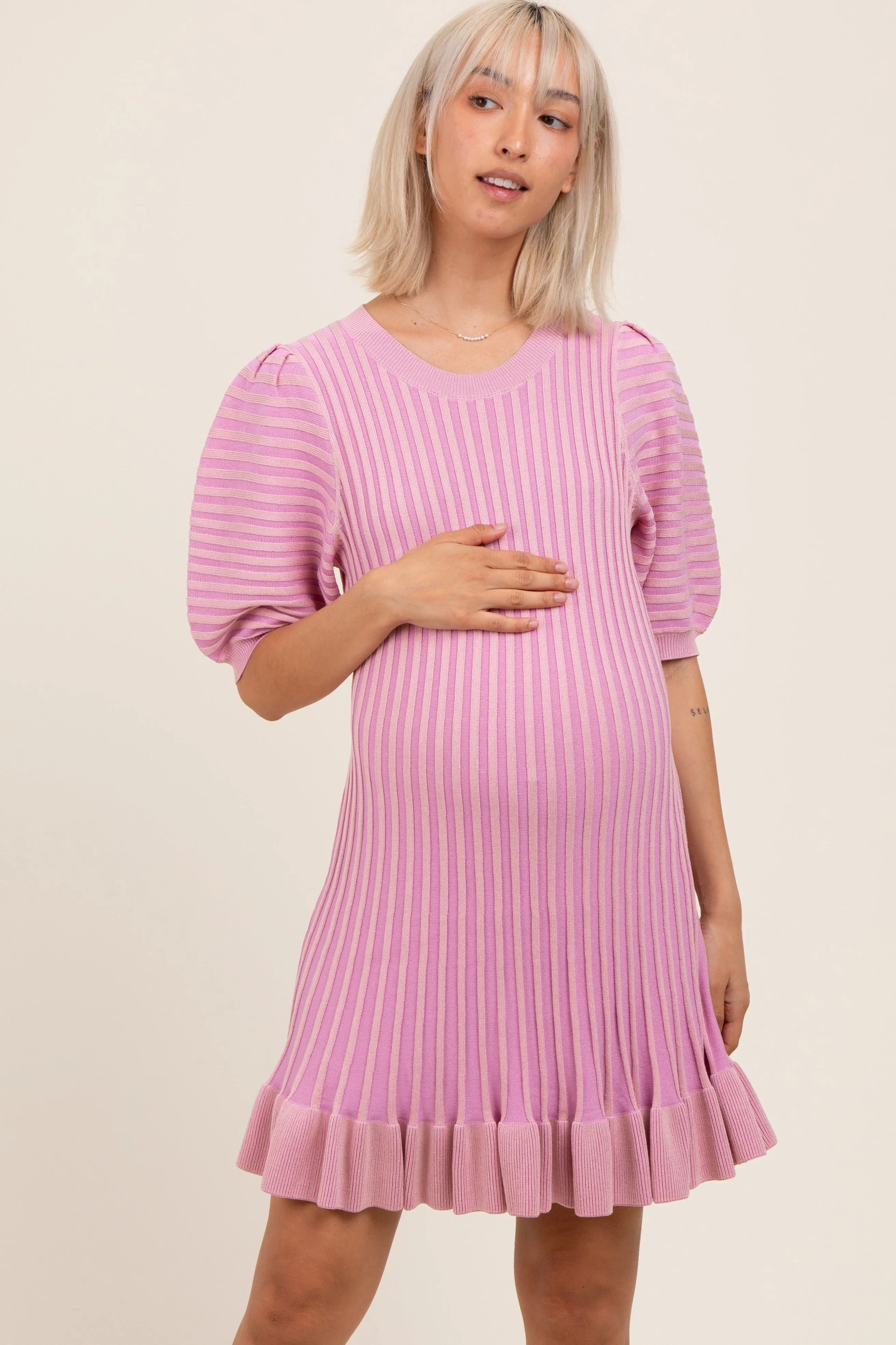 Pink Ribbed Knit Puff Sleeve Ruffle Hem Maternity Mini Dress sold by Pinkblush product image thumbnail 2