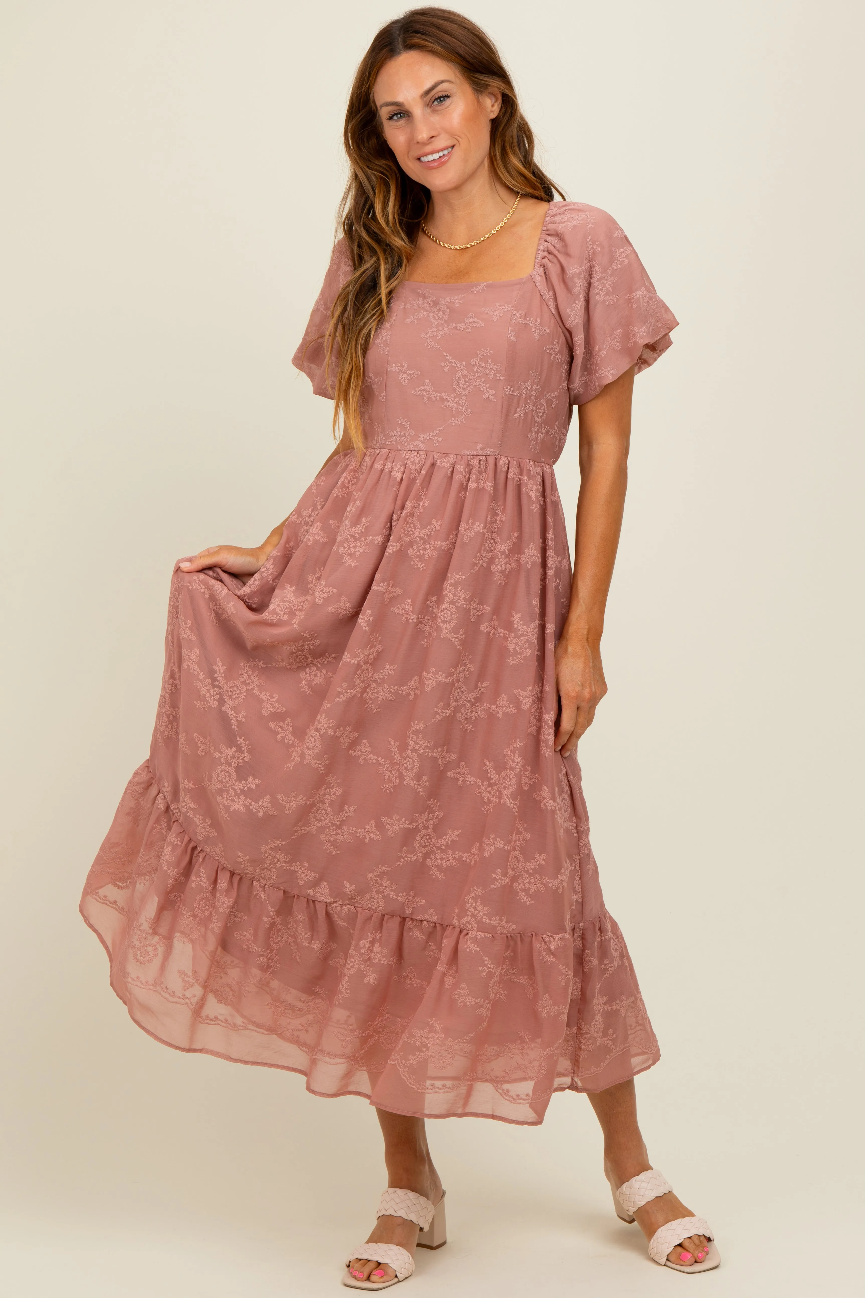 Mauve Embroidered Square Neck Midi Dress sold by Pinkblush