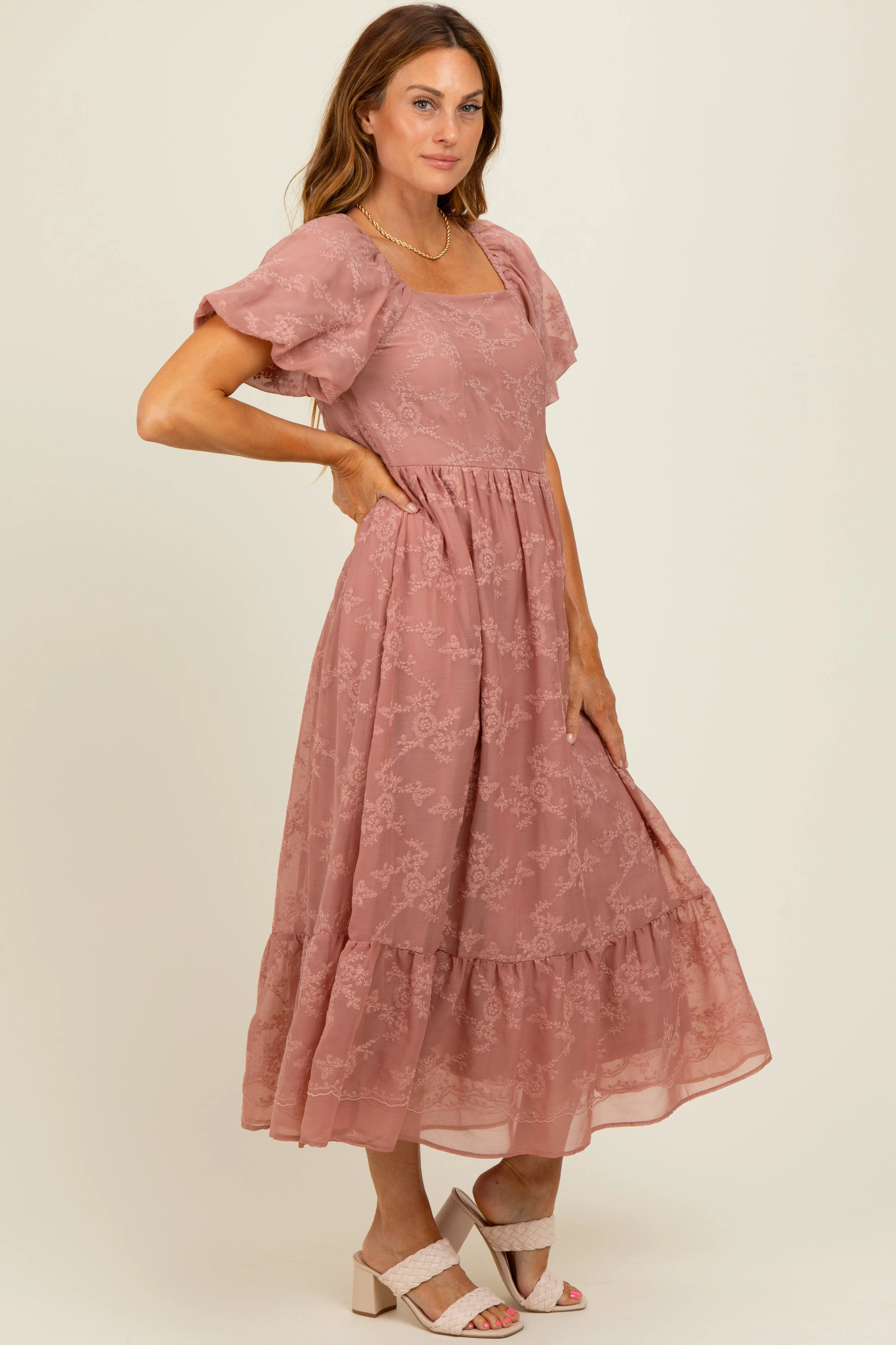 Mauve Embroidered Square Neck Midi Dress sold by Pinkblush product image thumbnail 2