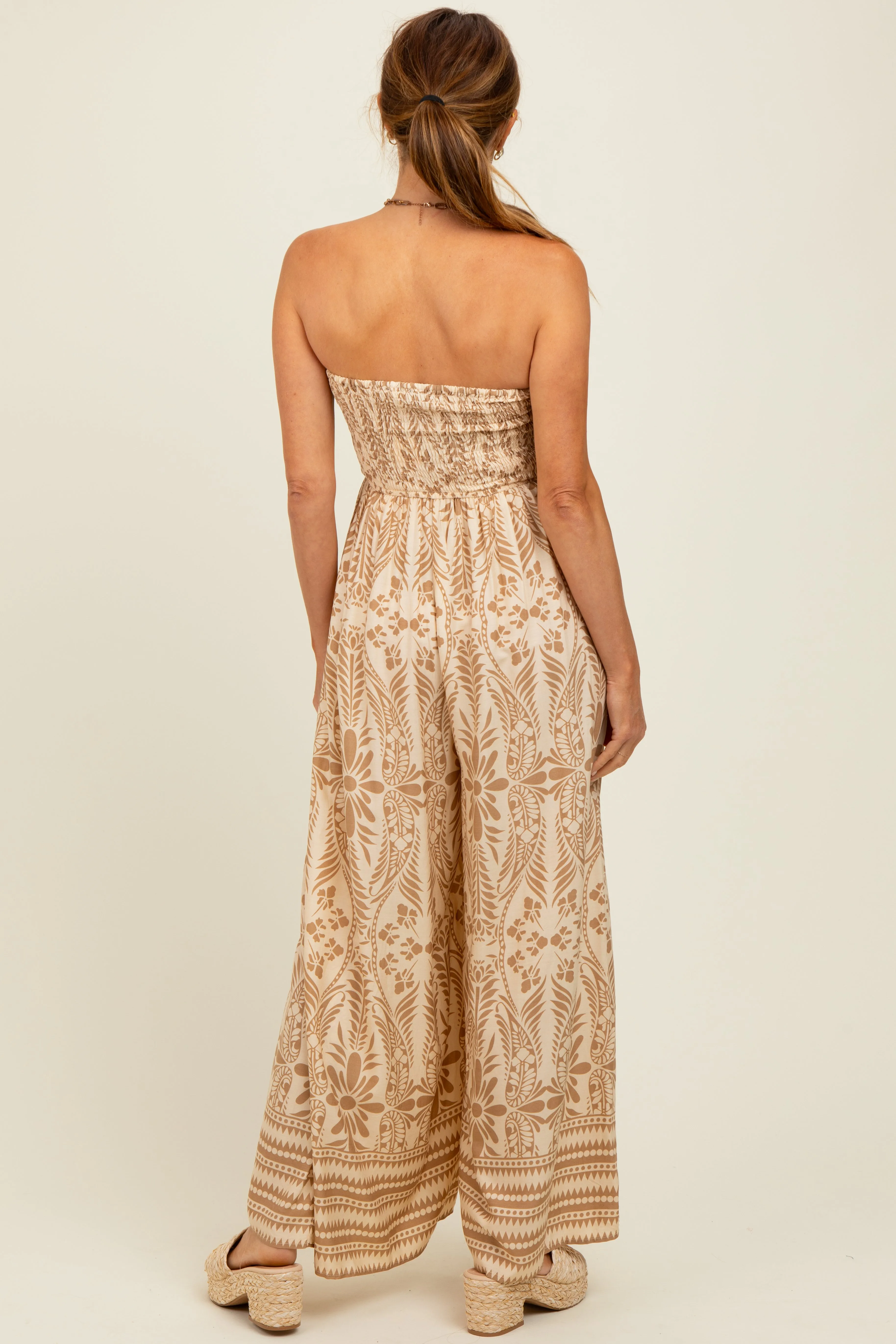 Light Mocha Printed Strapless Front Tie Jumpsuit sold by Pinkblush product image thumbnail 4