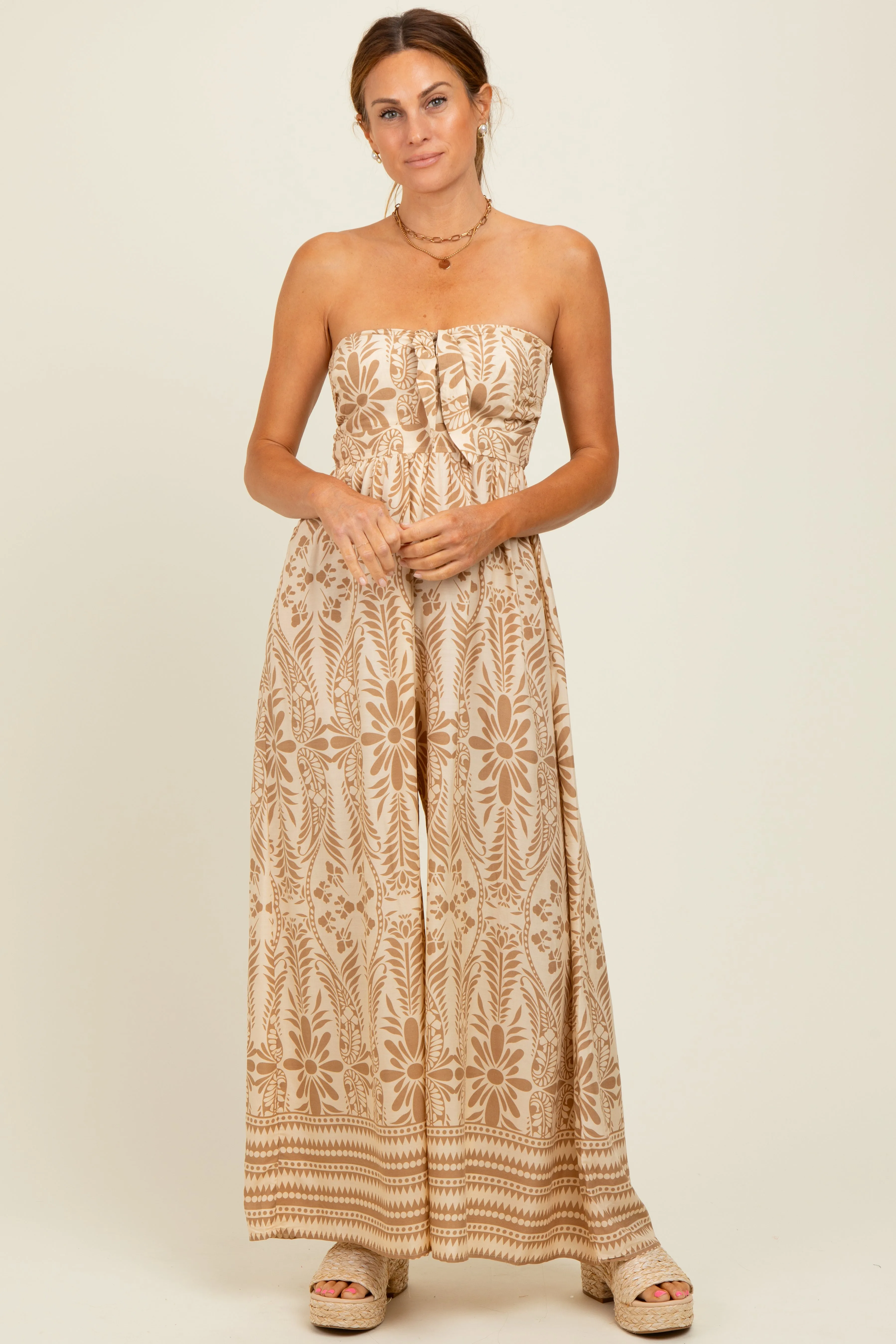 Light Mocha Printed Strapless Front Tie Jumpsuit sold by Pinkblush product image thumbnail 2