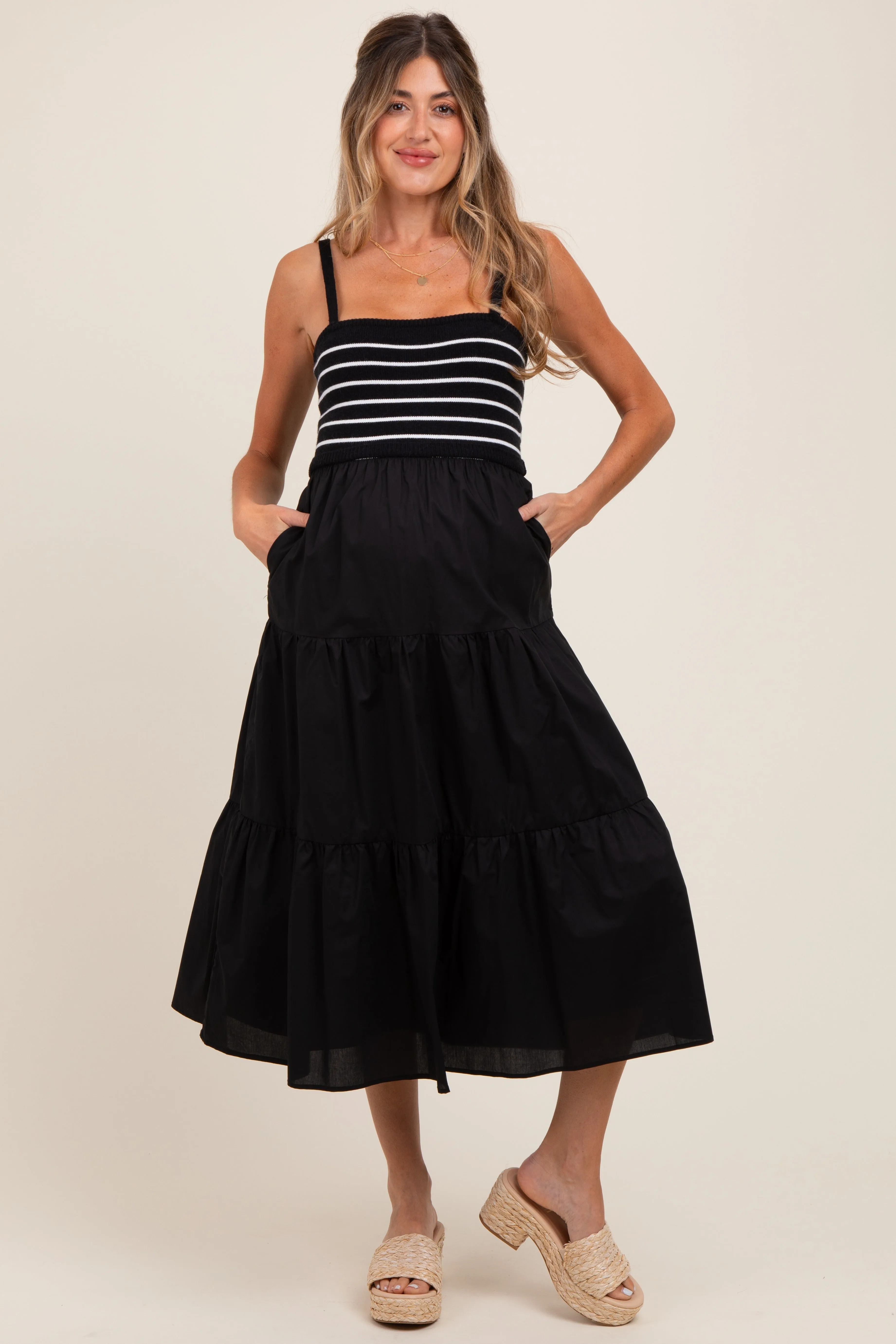 Black Striped Knit Top Tiered Maternity Midi Dress sold by Pinkblush