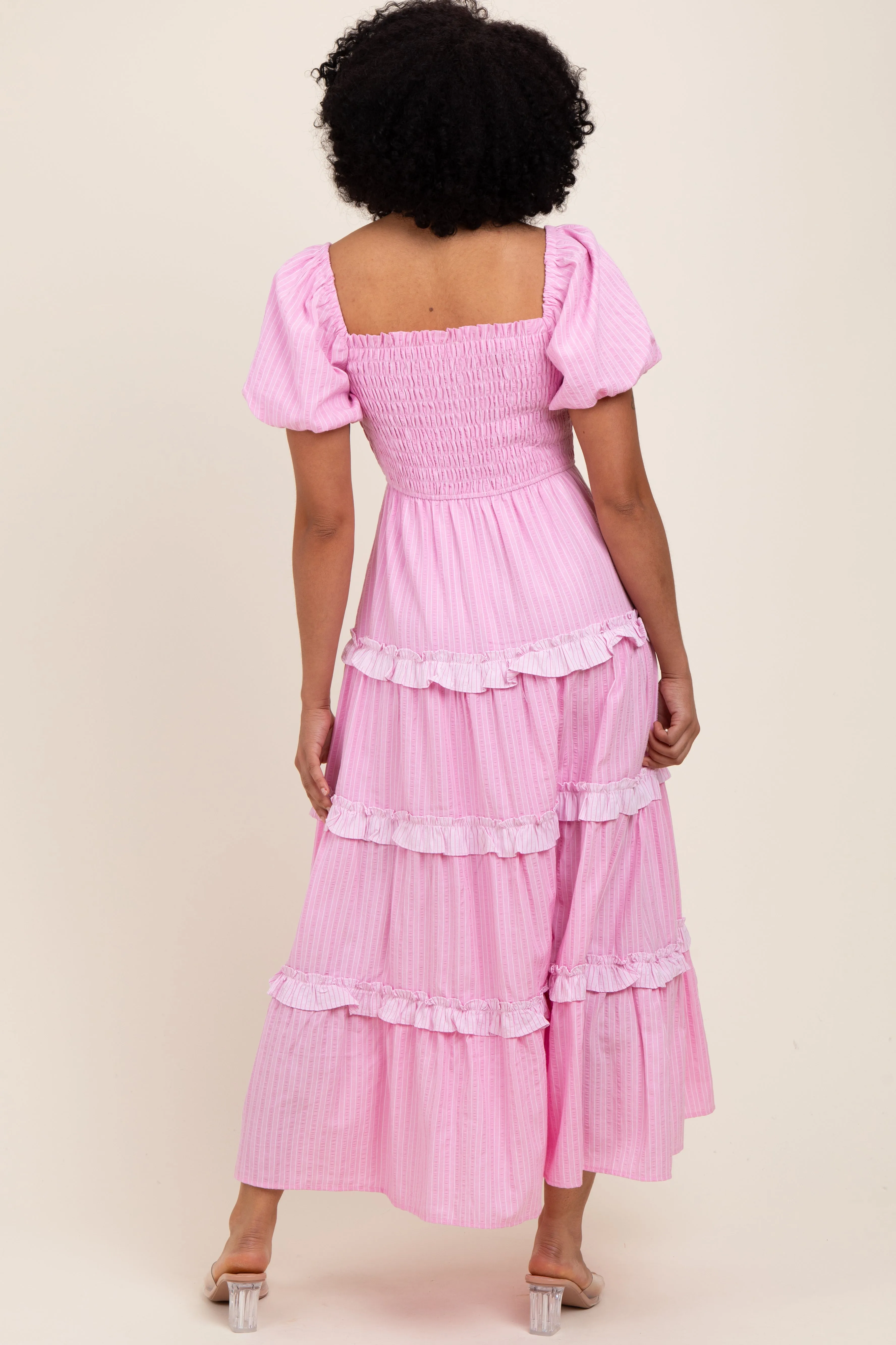 Pink Smocked Ruffle Tiered Puff Sleeve Maxi Dress sold by Pinkblush product image thumbnail 4