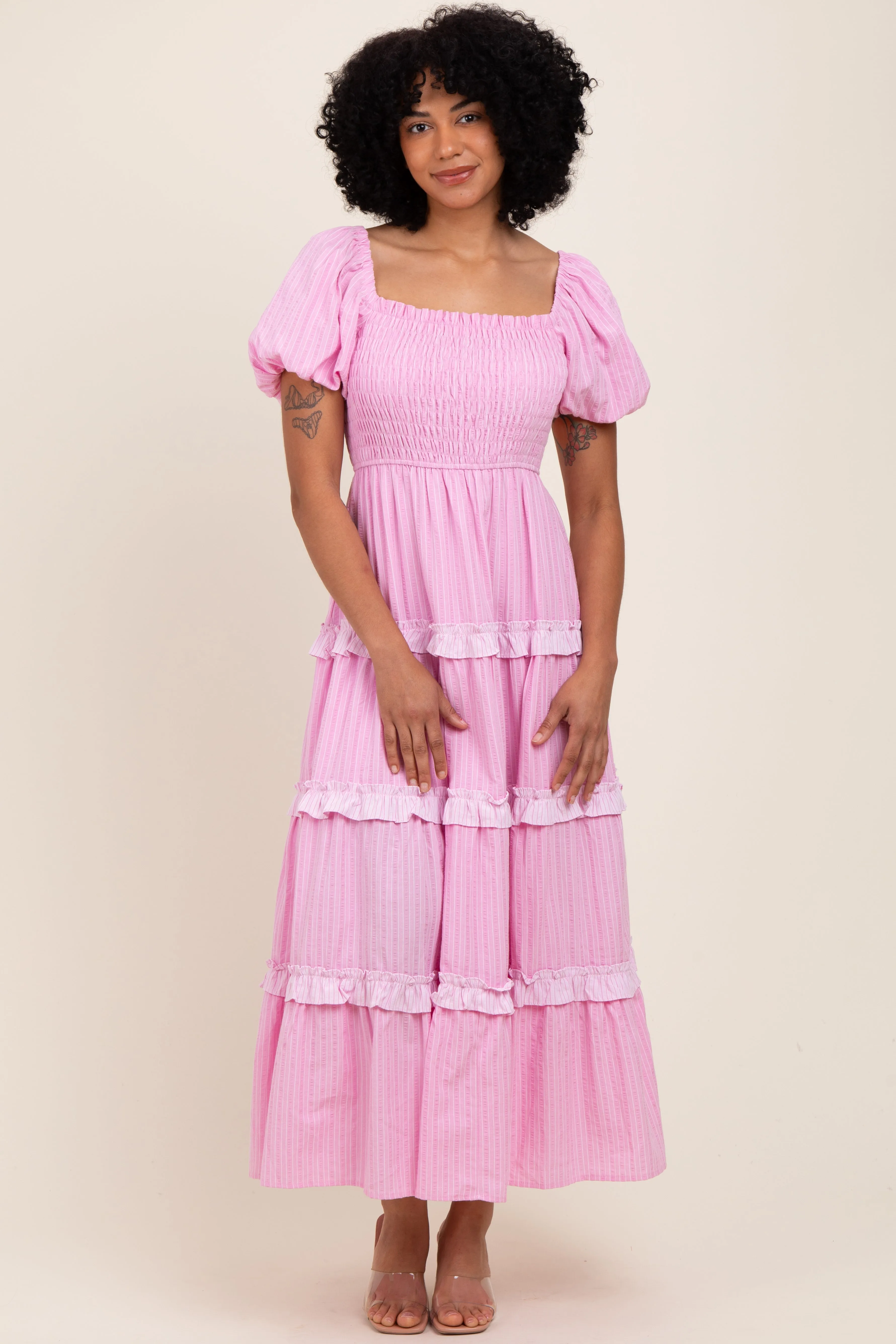 Pink Smocked Ruffle Tiered Puff Sleeve Maxi Dress sold by Pinkblush product image thumbnail 2