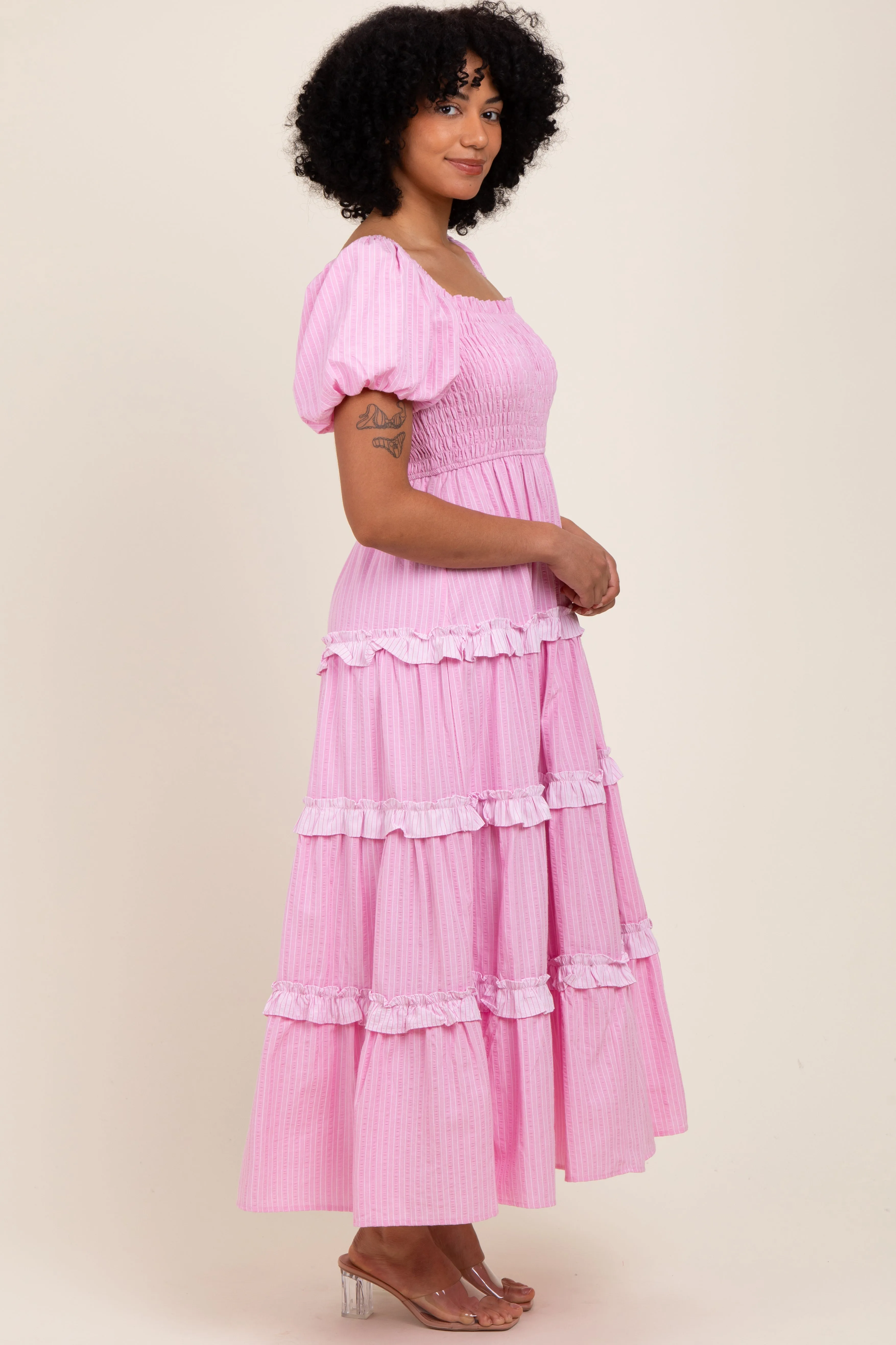 Pink Smocked Ruffle Tiered Puff Sleeve Maxi Dress sold by Pinkblush product image thumbnail 3