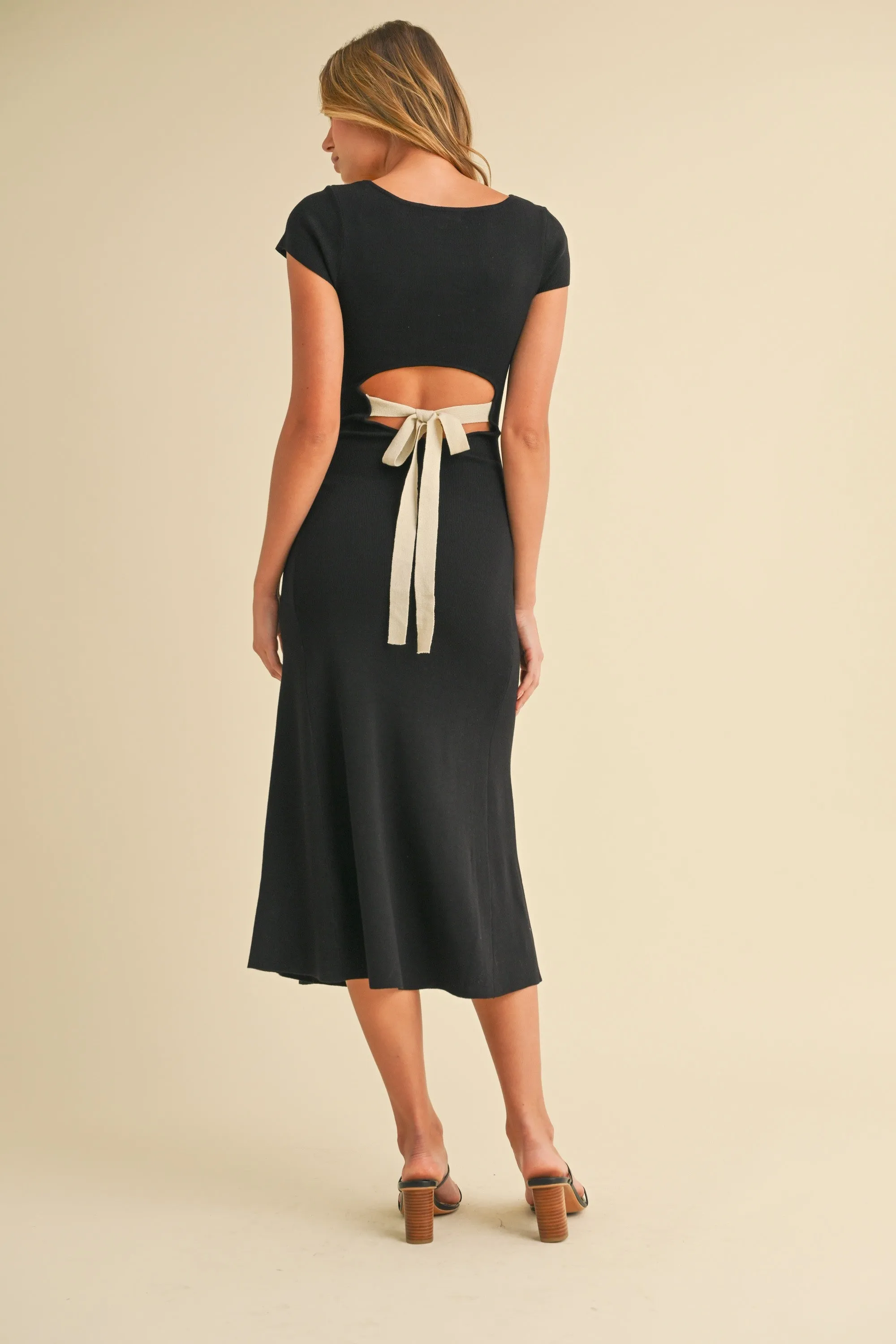 Black/Ivory Short Cap Sleeve Tie Back Sweater Midi Dress sold by Pinkblush product image thumbnail 4