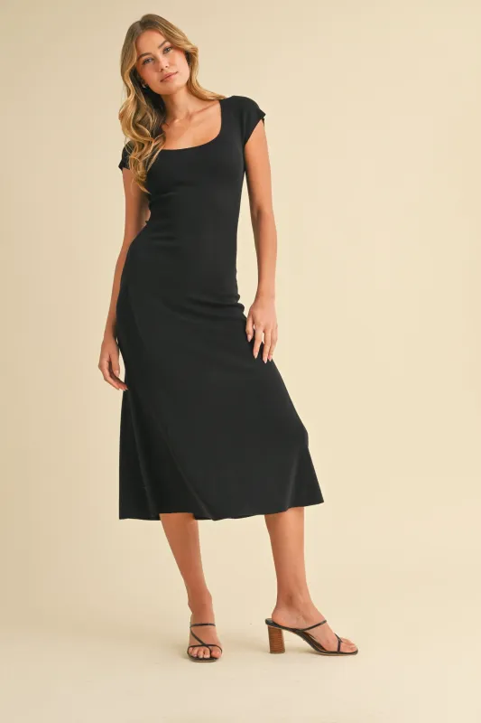 Black/Ivory Short Cap Sleeve Tie Back Sweater Midi Dress sold by Pinkblush