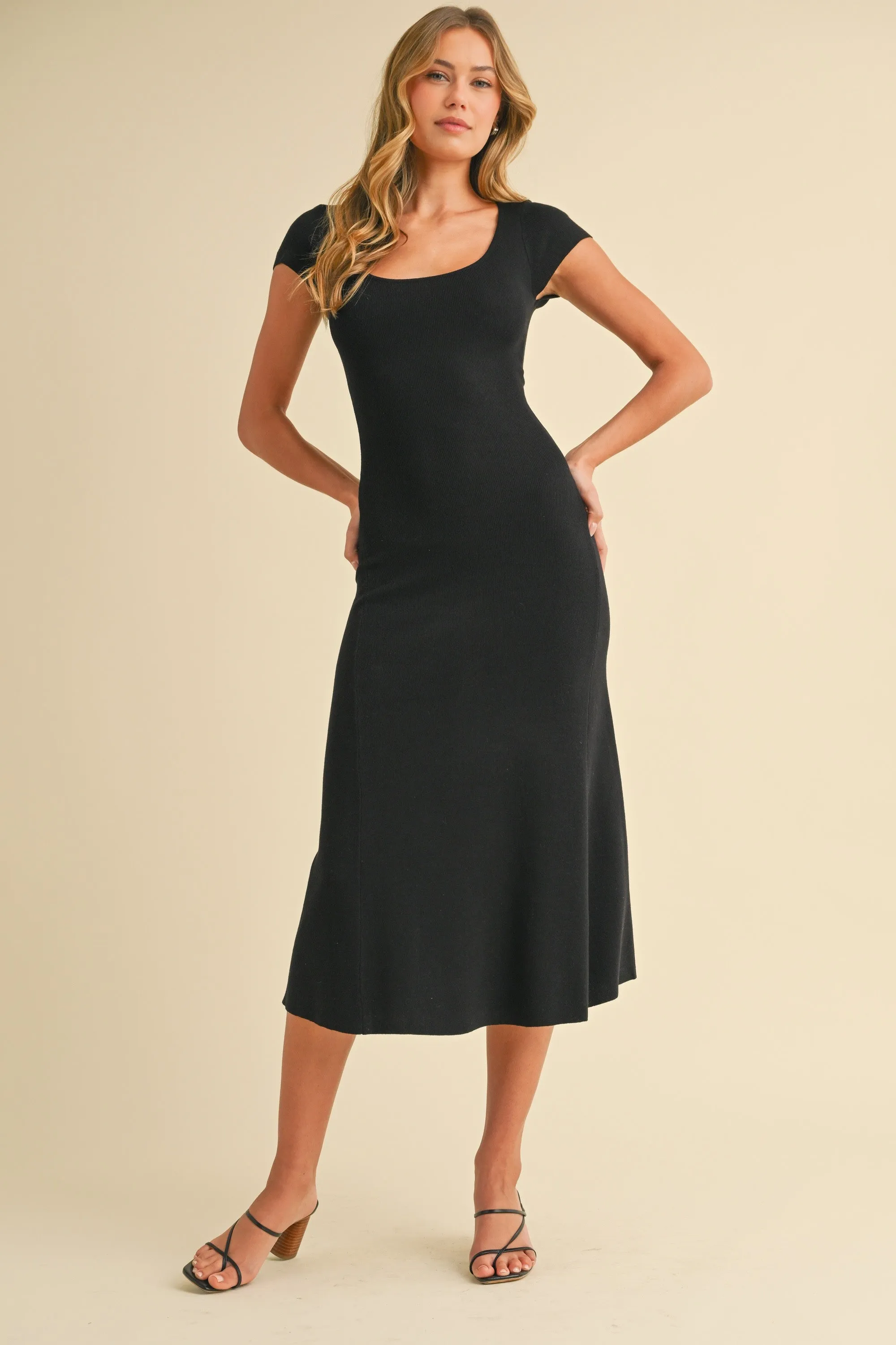 Black/Ivory Short Cap Sleeve Tie Back Sweater Midi Dress sold by Pinkblush product image thumbnail 2