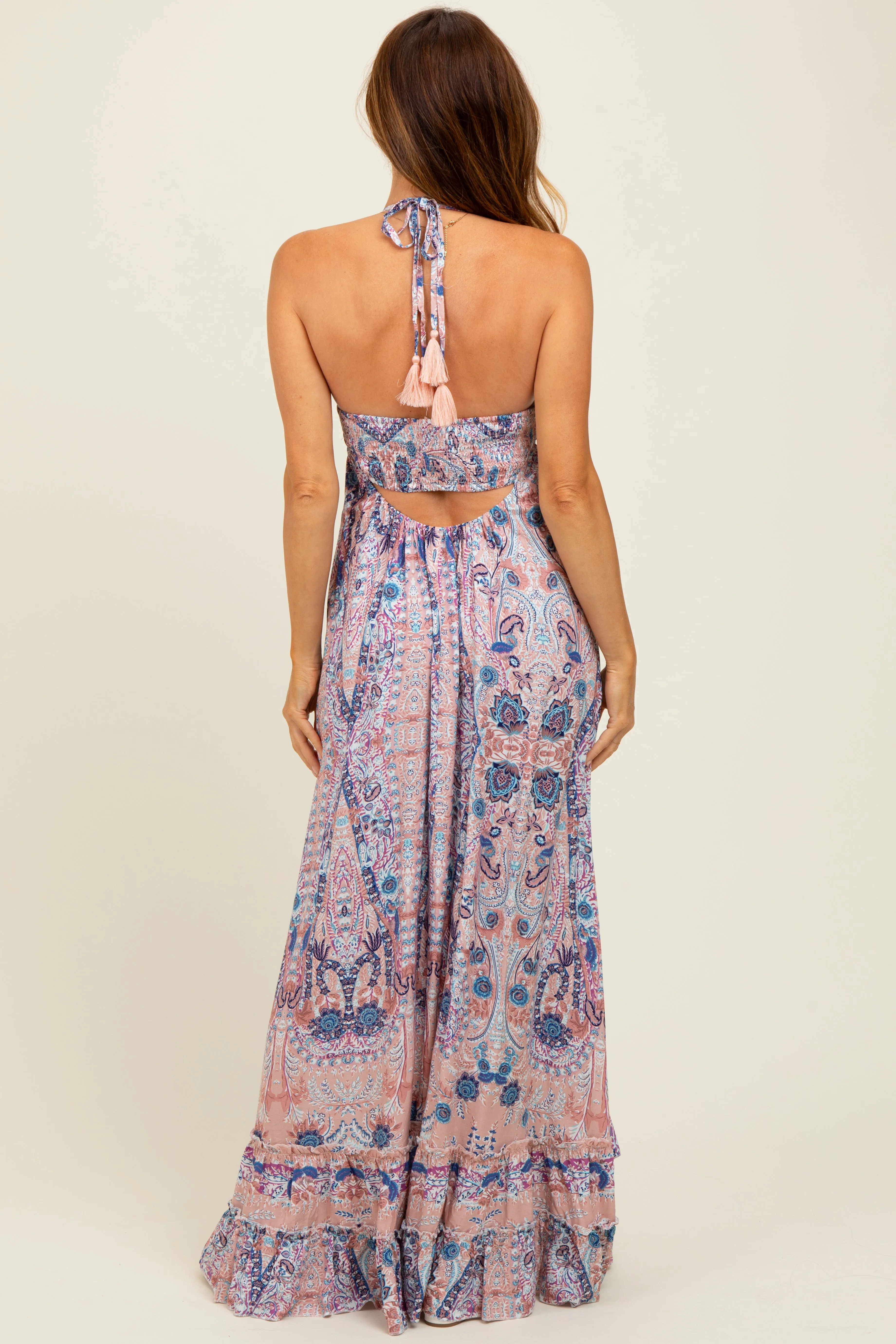Mauve Paisley Halter V-Neck Cutout Maxi Dress sold by Pinkblush product image thumbnail 3