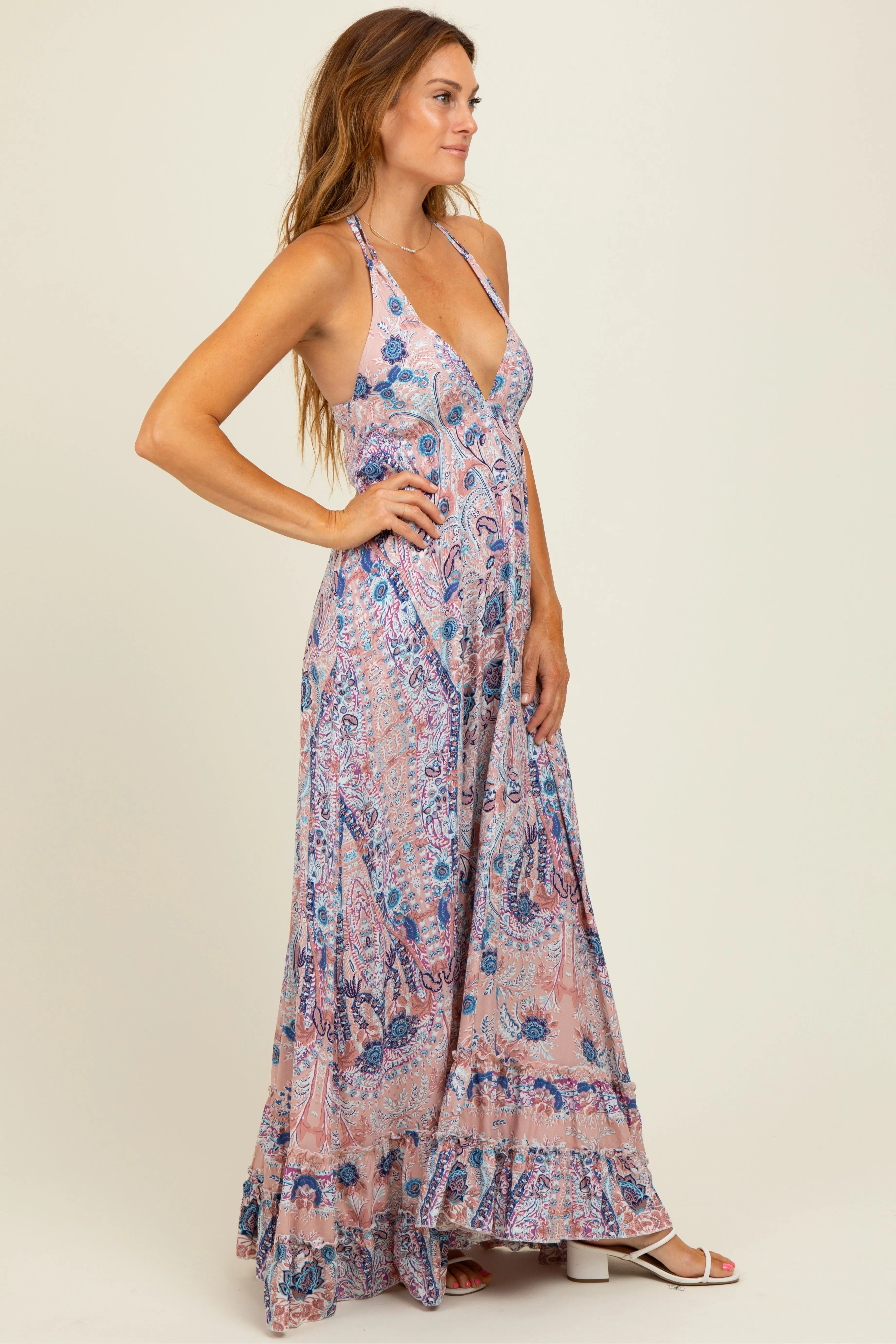 Mauve Paisley Halter V-Neck Cutout Maxi Dress sold by Pinkblush product image thumbnail 4