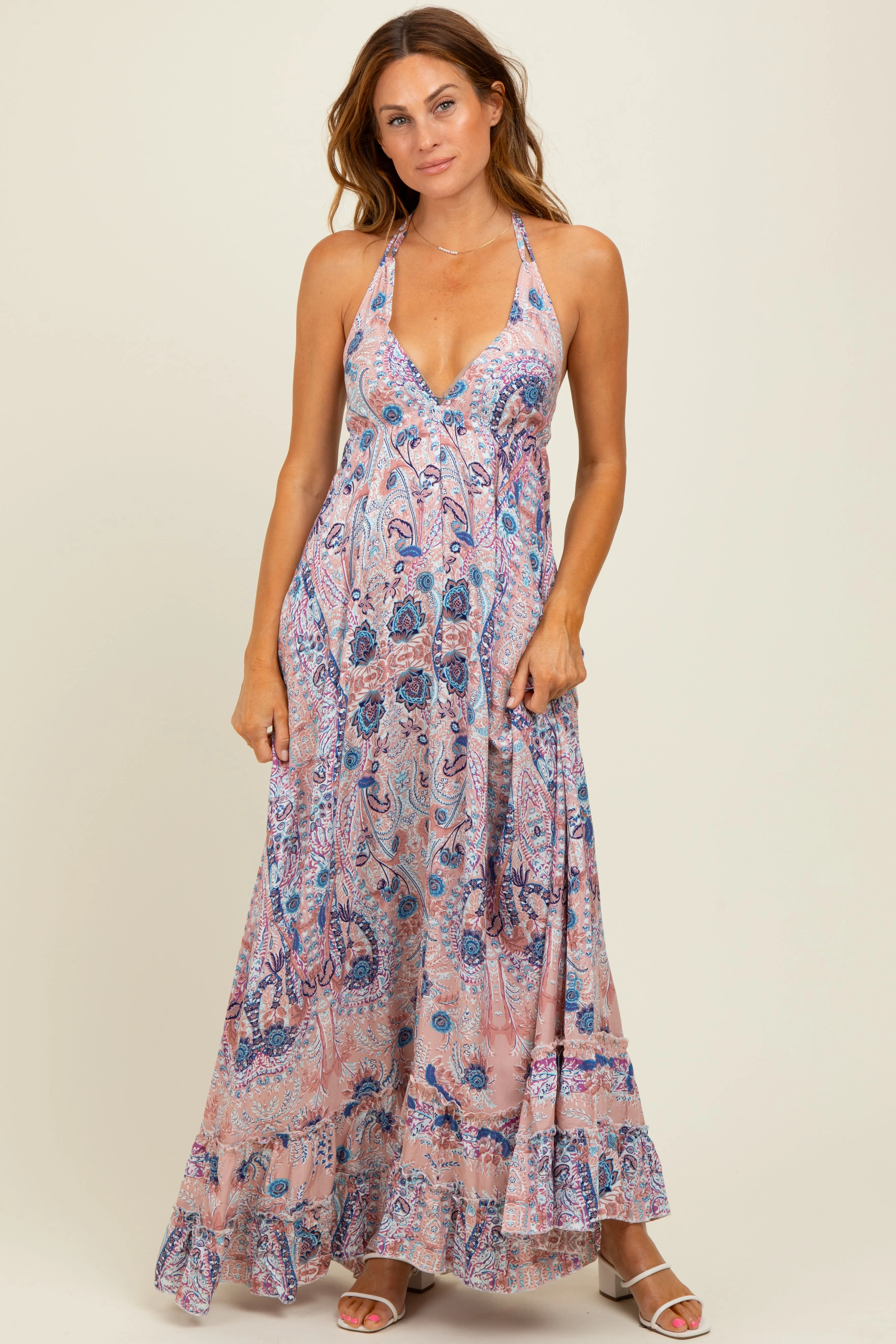 Mauve Paisley Halter V-Neck Cutout Maxi Dress sold by Pinkblush