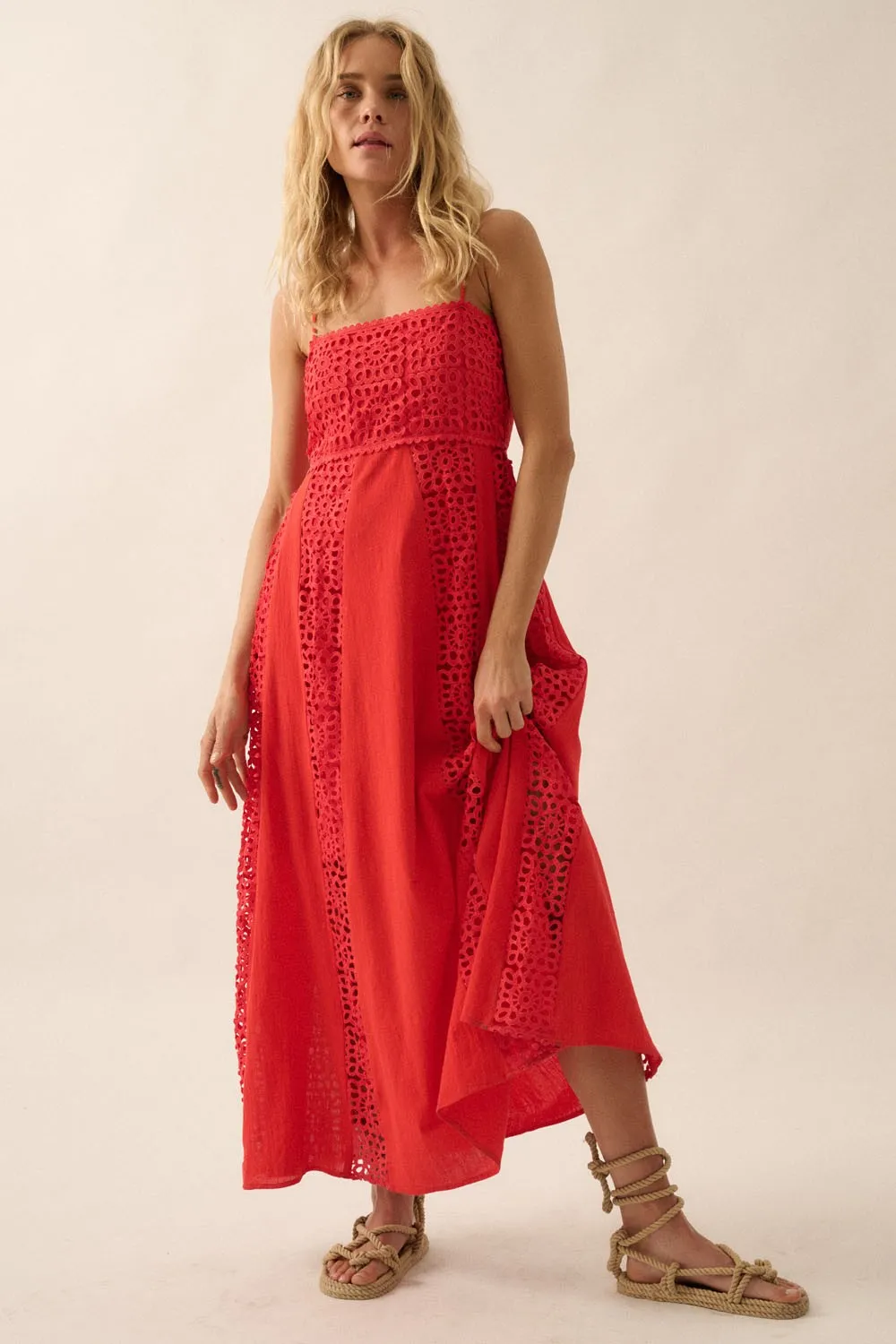 Coral Red Crochet Lace Paneled Maxi Dress sold by Pinkblush