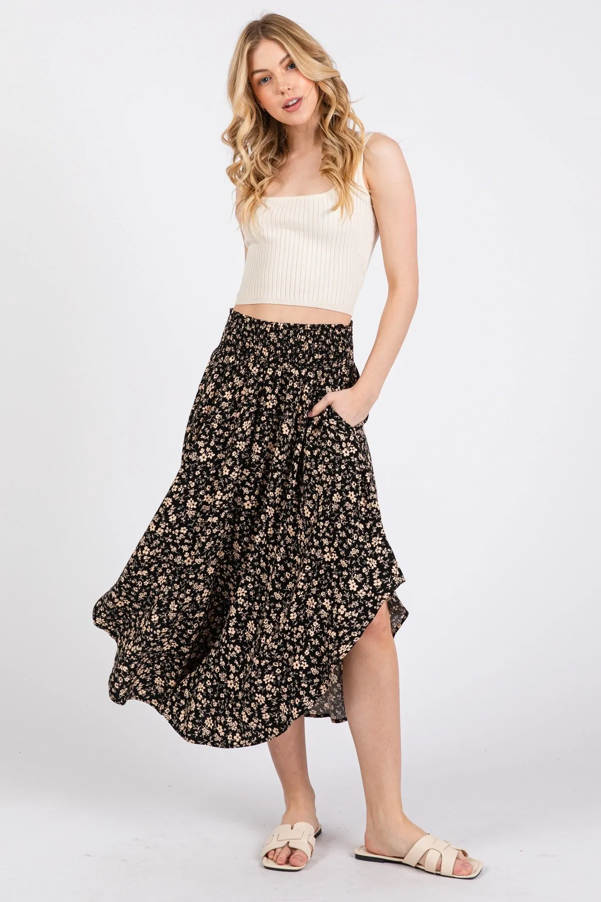 Black Floral Smocked Waist Skirt sold by Pinkblush