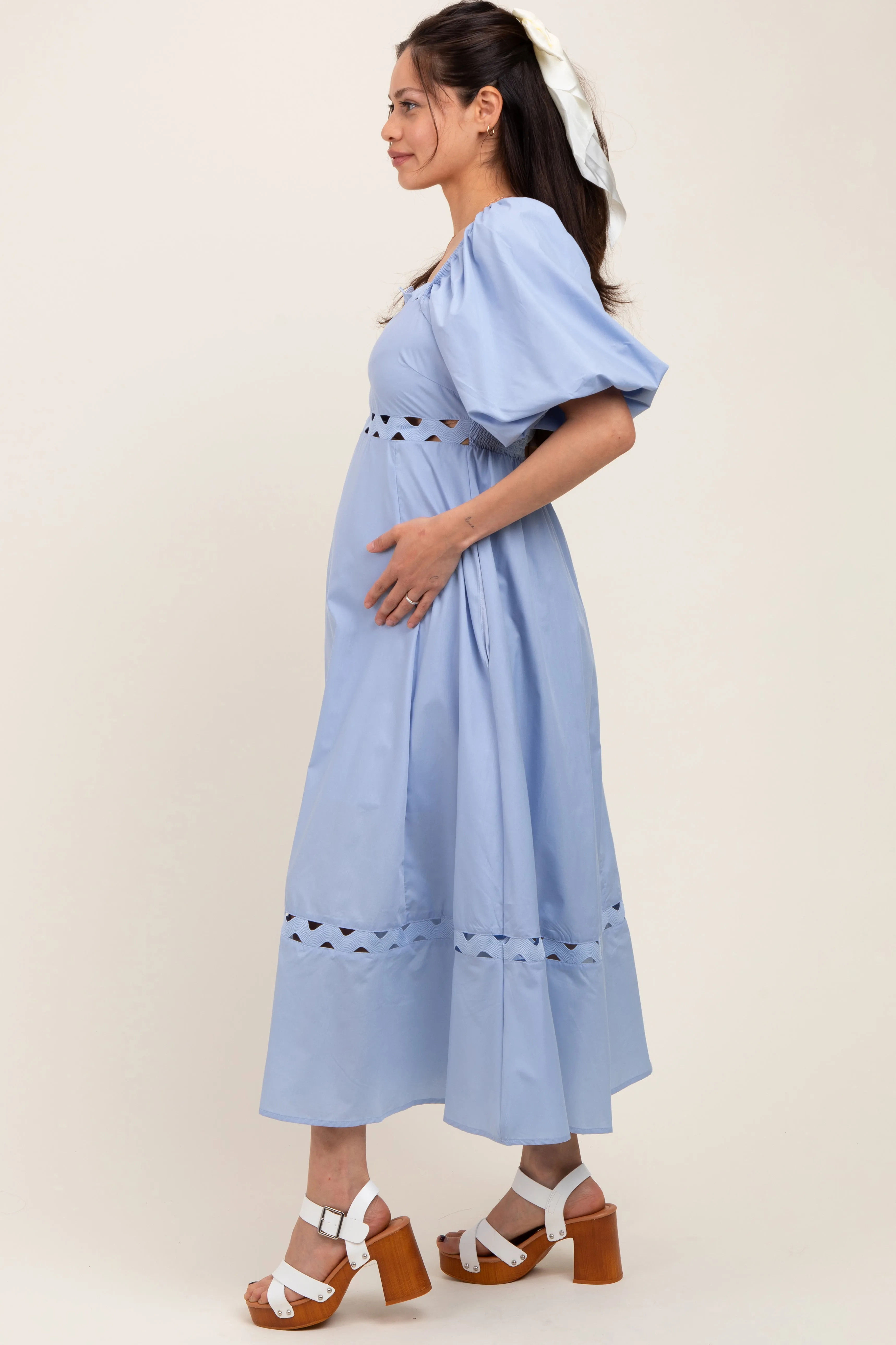 Blue Wavy Trim Puff Sleeve Maternity Midi Dress sold by Pinkblush product image thumbnail 2