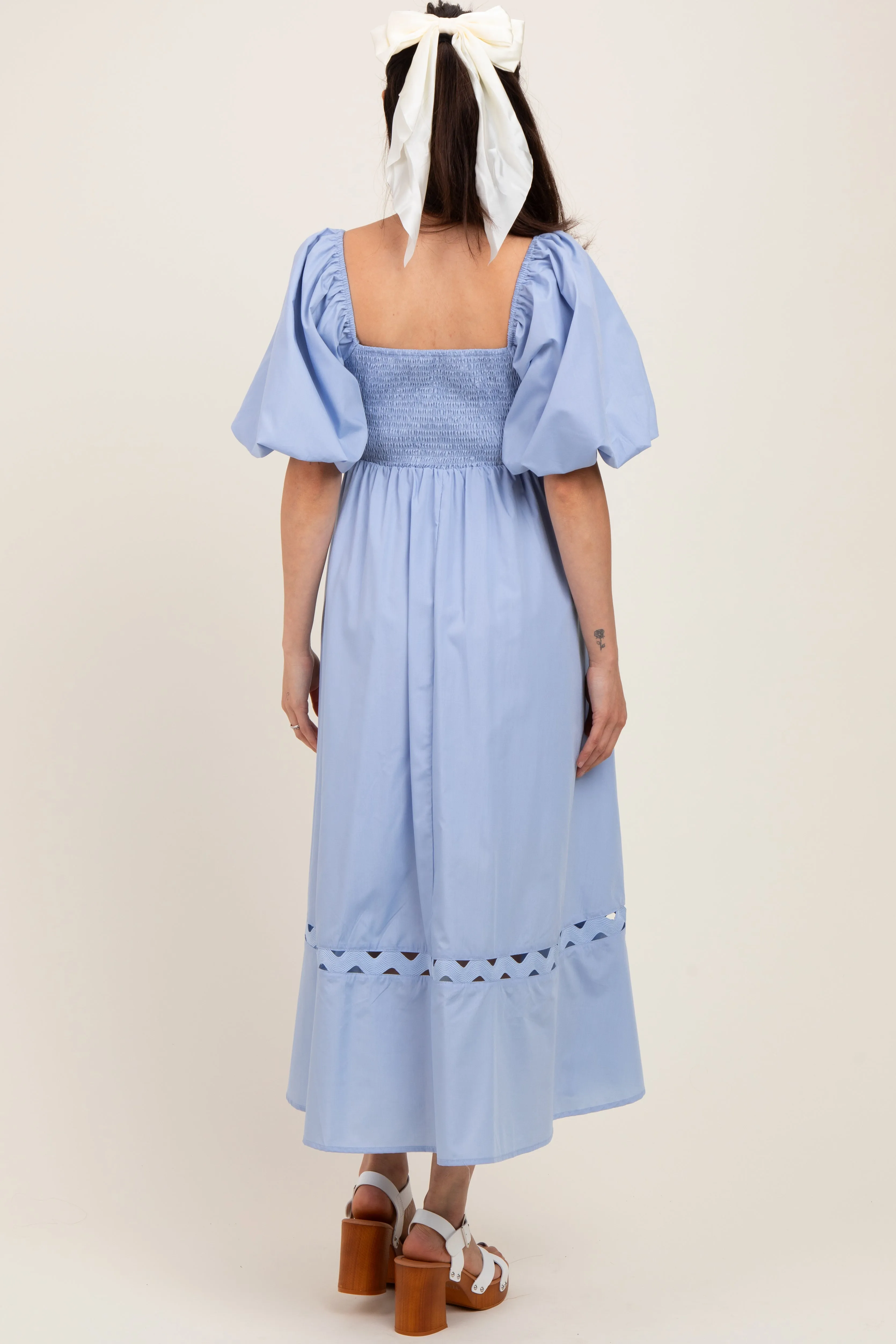 Blue Wavy Trim Puff Sleeve Maternity Midi Dress sold by Pinkblush product image thumbnail 3