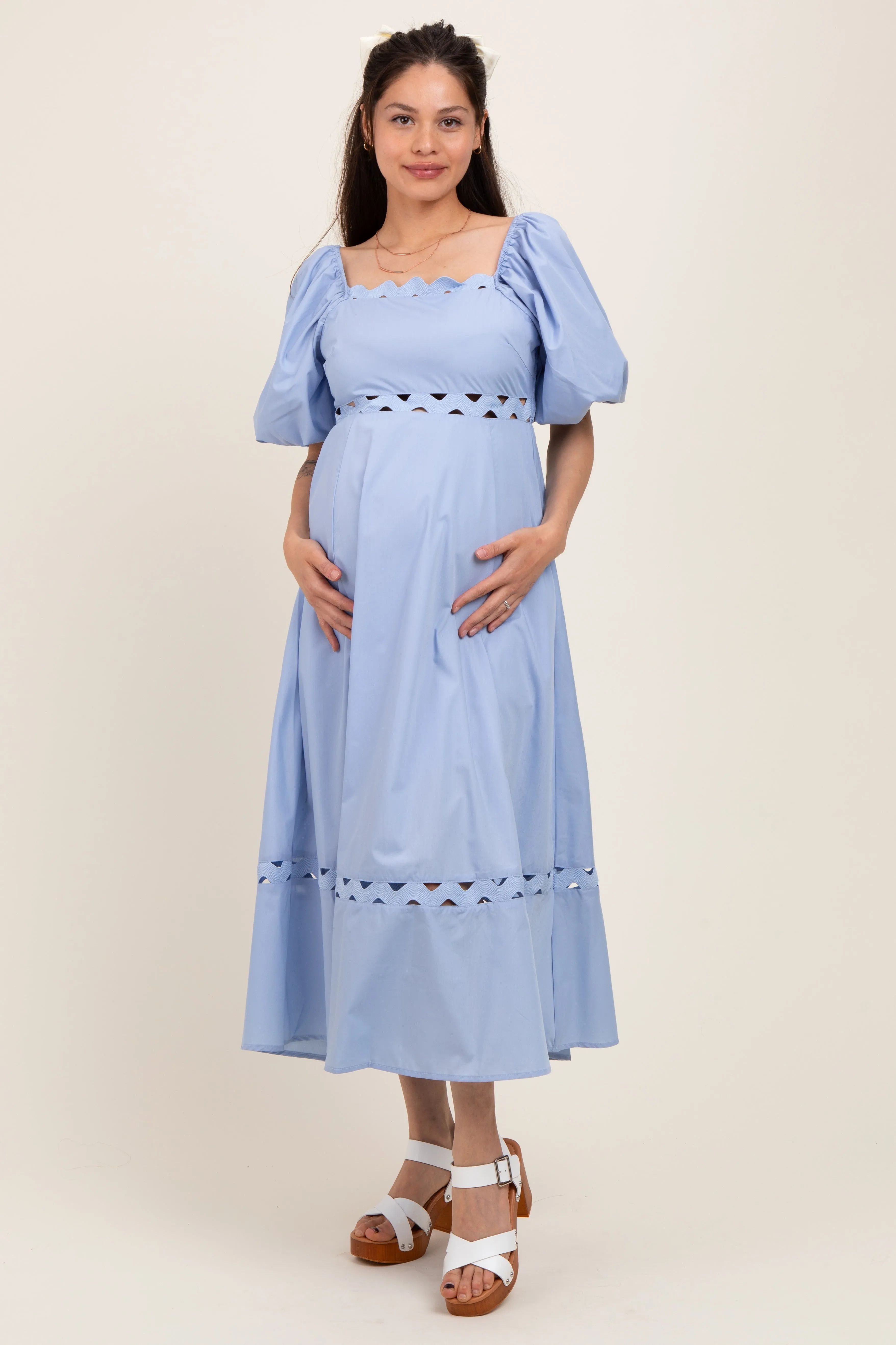 Blue Wavy Trim Puff Sleeve Maternity Midi Dress sold by Pinkblush