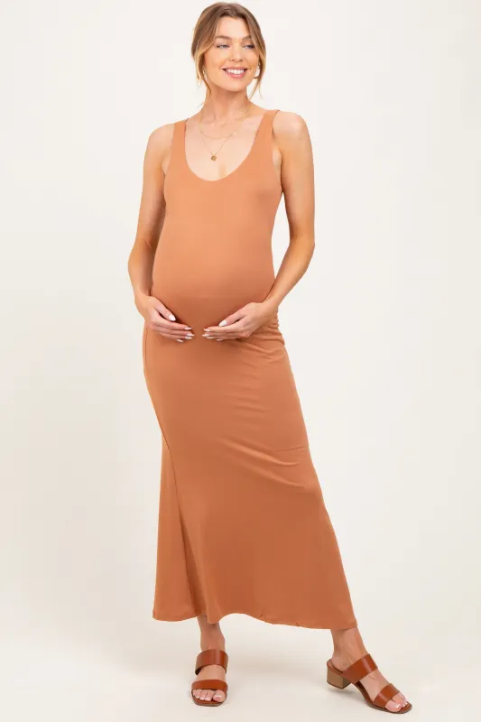 Camel Scoop Neck Fishtail Maternity Maxi Dress sold by Pinkblush