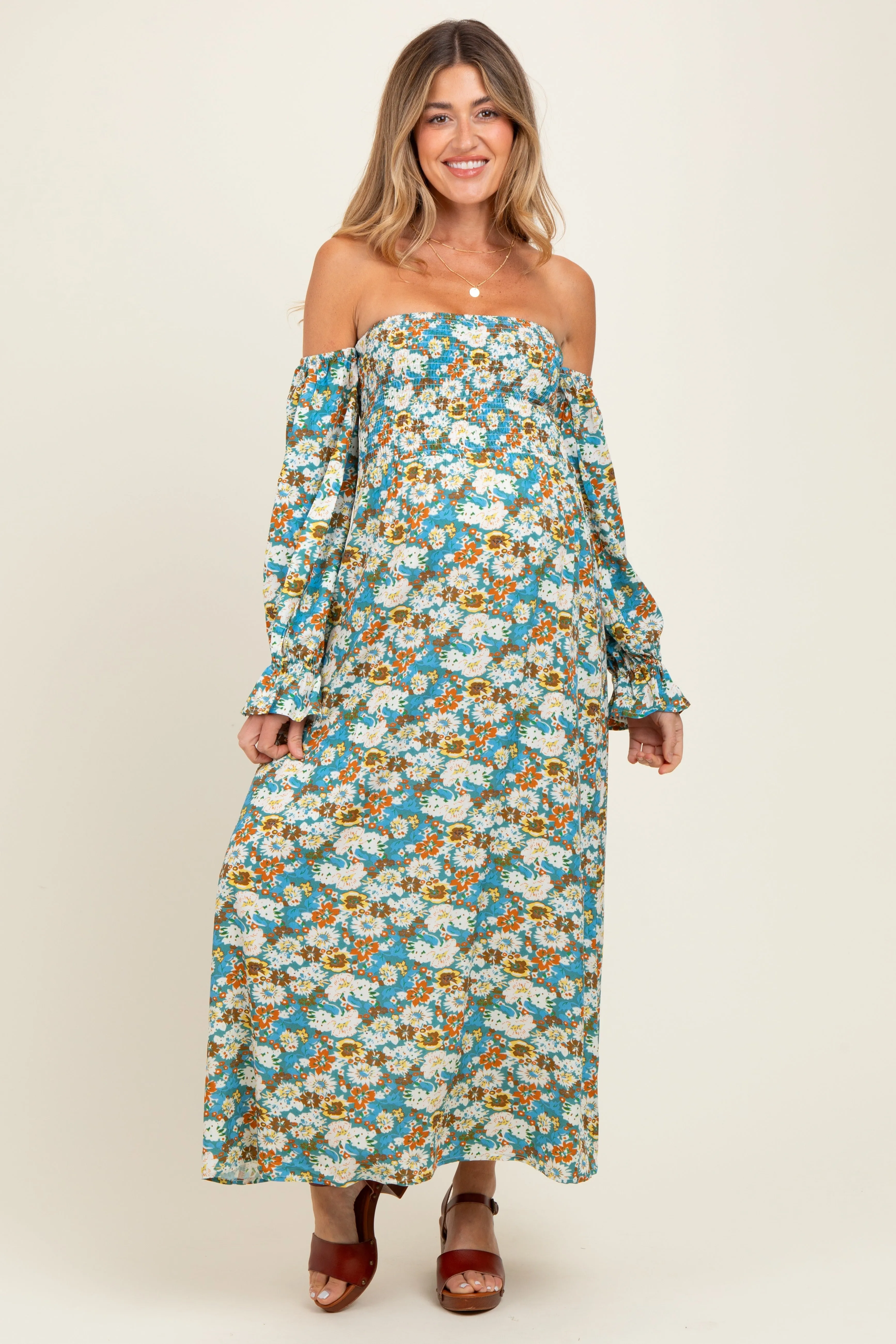 Deep Teal Floral Print Off Shoulder Smocked Maternity Maxi Dress sold by Pinkblush