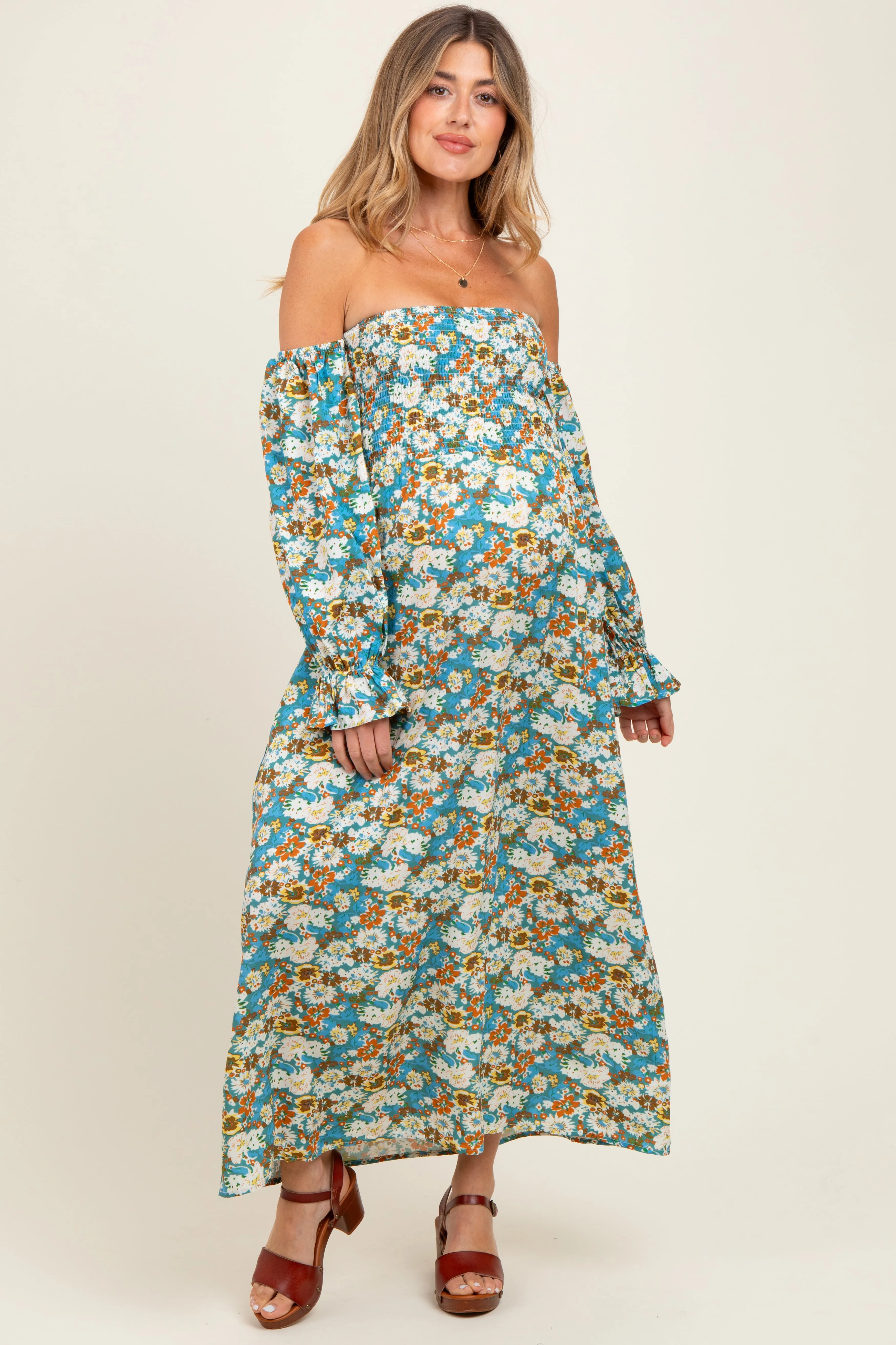 Deep Teal Floral Print Off Shoulder Smocked Maternity Maxi Dress sold by Pinkblush product image thumbnail 2