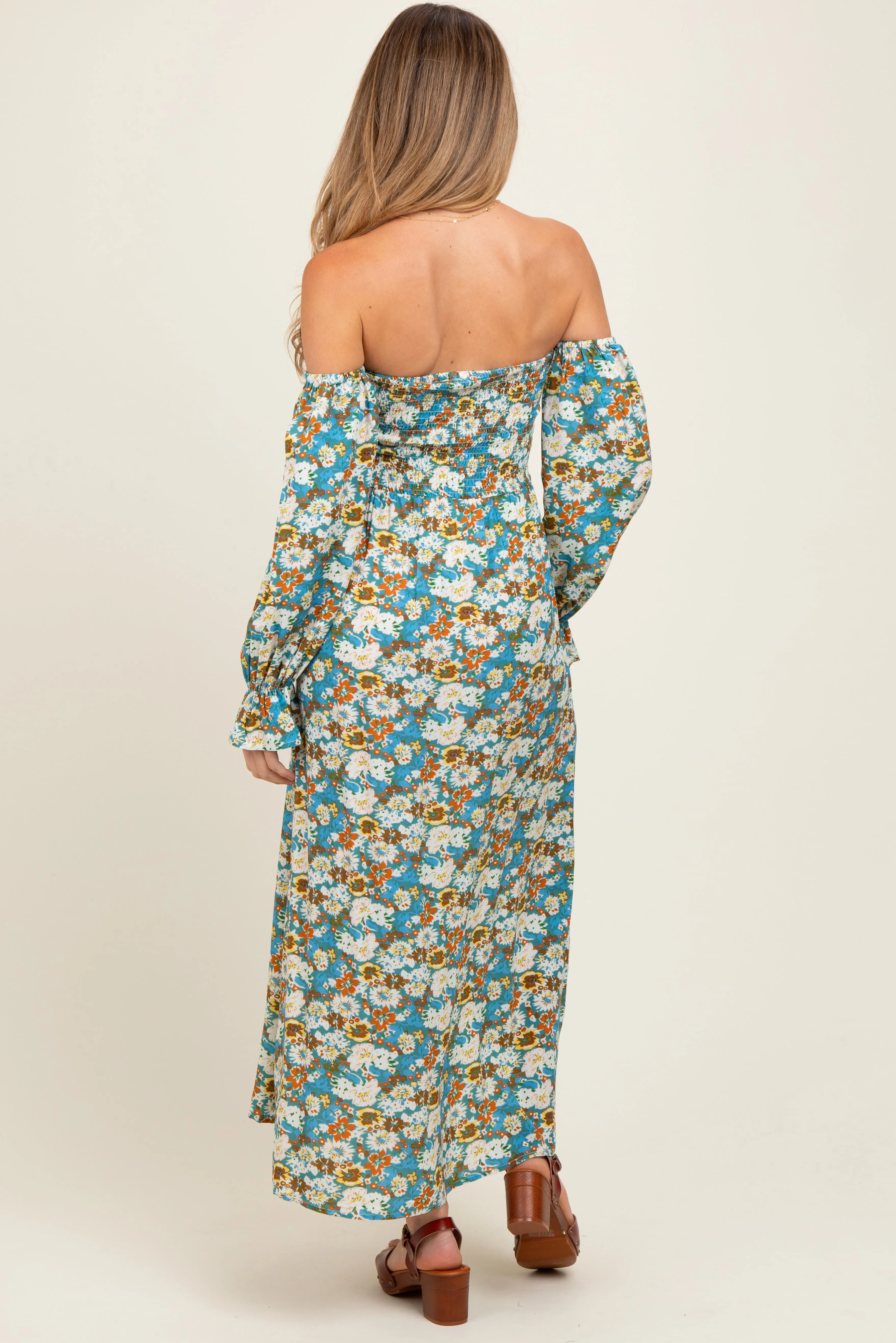 Deep Teal Floral Print Off Shoulder Smocked Maternity Maxi Dress sold by Pinkblush product image thumbnail 3