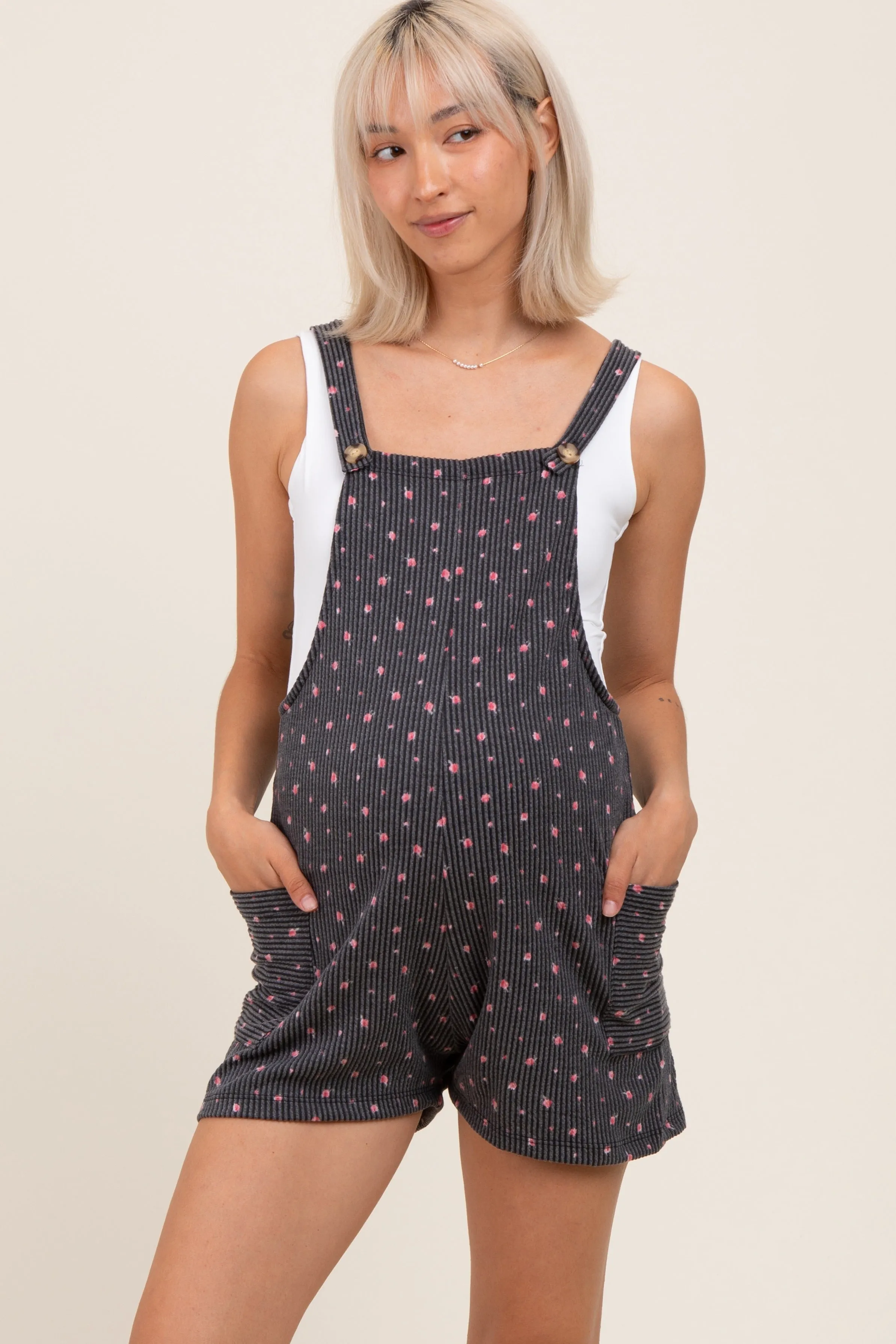 Charcoal Floral Ribbed Maternity Romper sold by Pinkblush