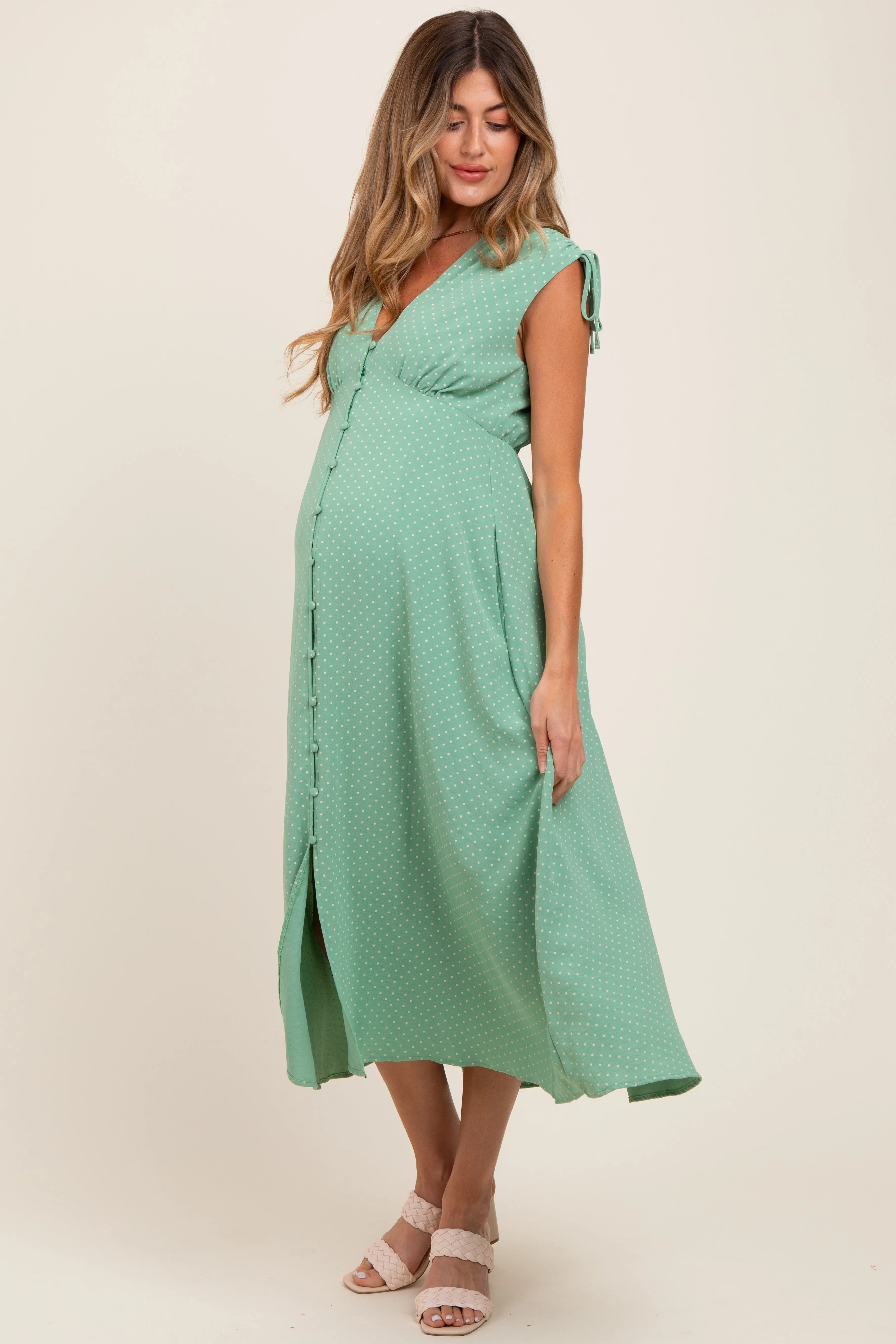 Green Button-Down Polka Dot Shirred Bow Maternity Midi Dress sold by Pinkblush product image thumbnail 3