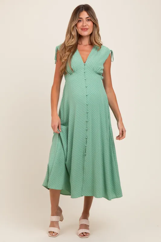 Green Button-Down Polka Dot Shirred Bow Maternity Midi Dress sold by Pinkblush