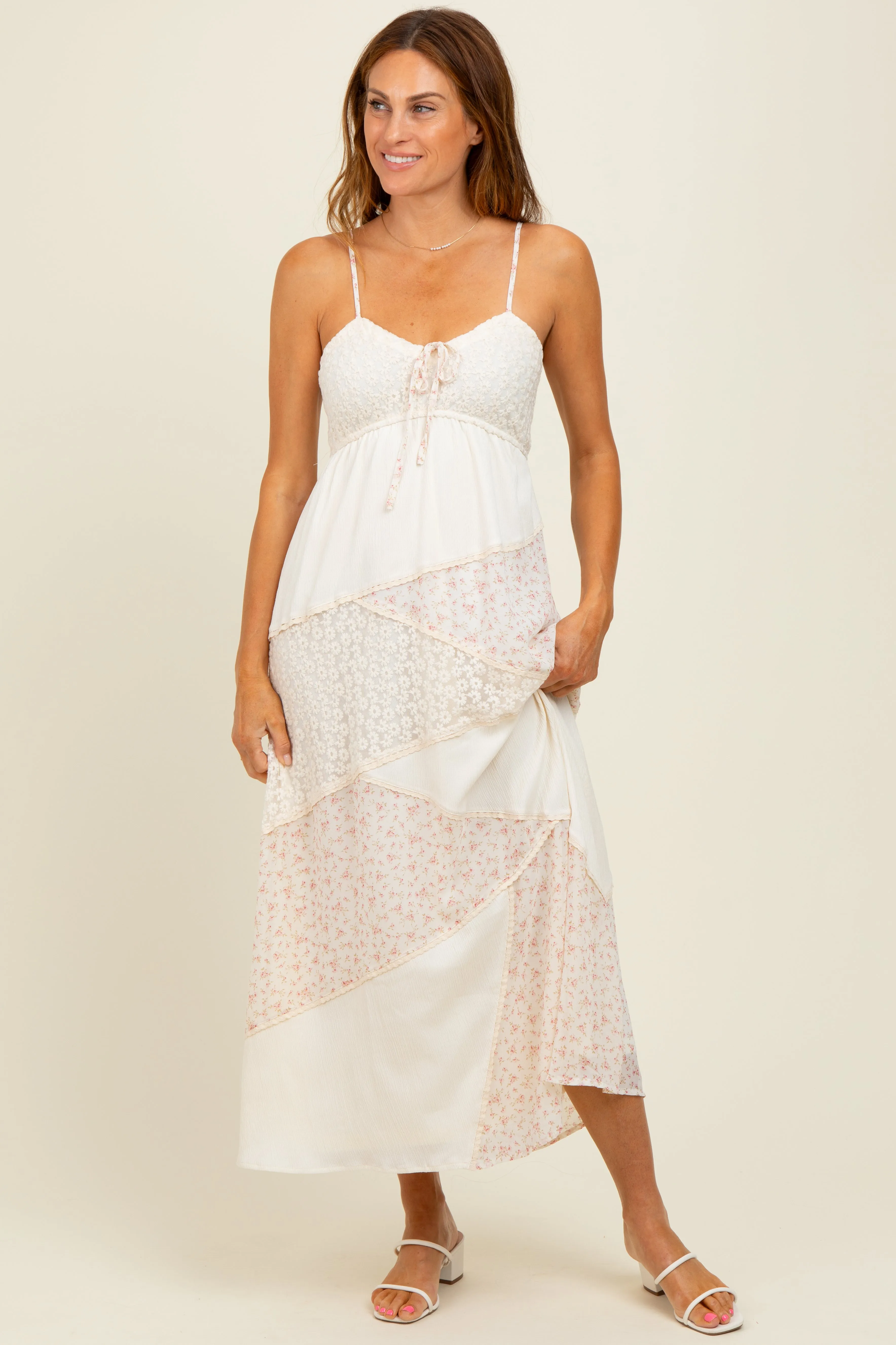 Cream Floral Sweetheart Neck Midi Dress sold by Pinkblush