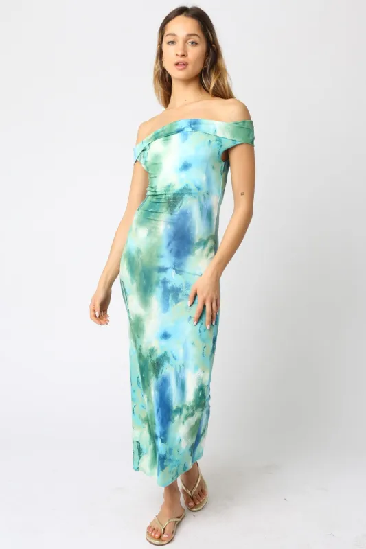 Blue Tie Dye Off Shoulder Maxi Dress sold by Pinkblush