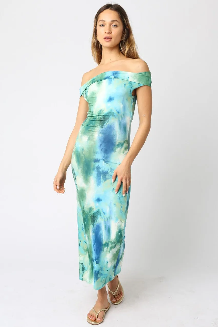 Blue Tie Dye Off Shoulder Maxi Dress sold by Pinkblush
