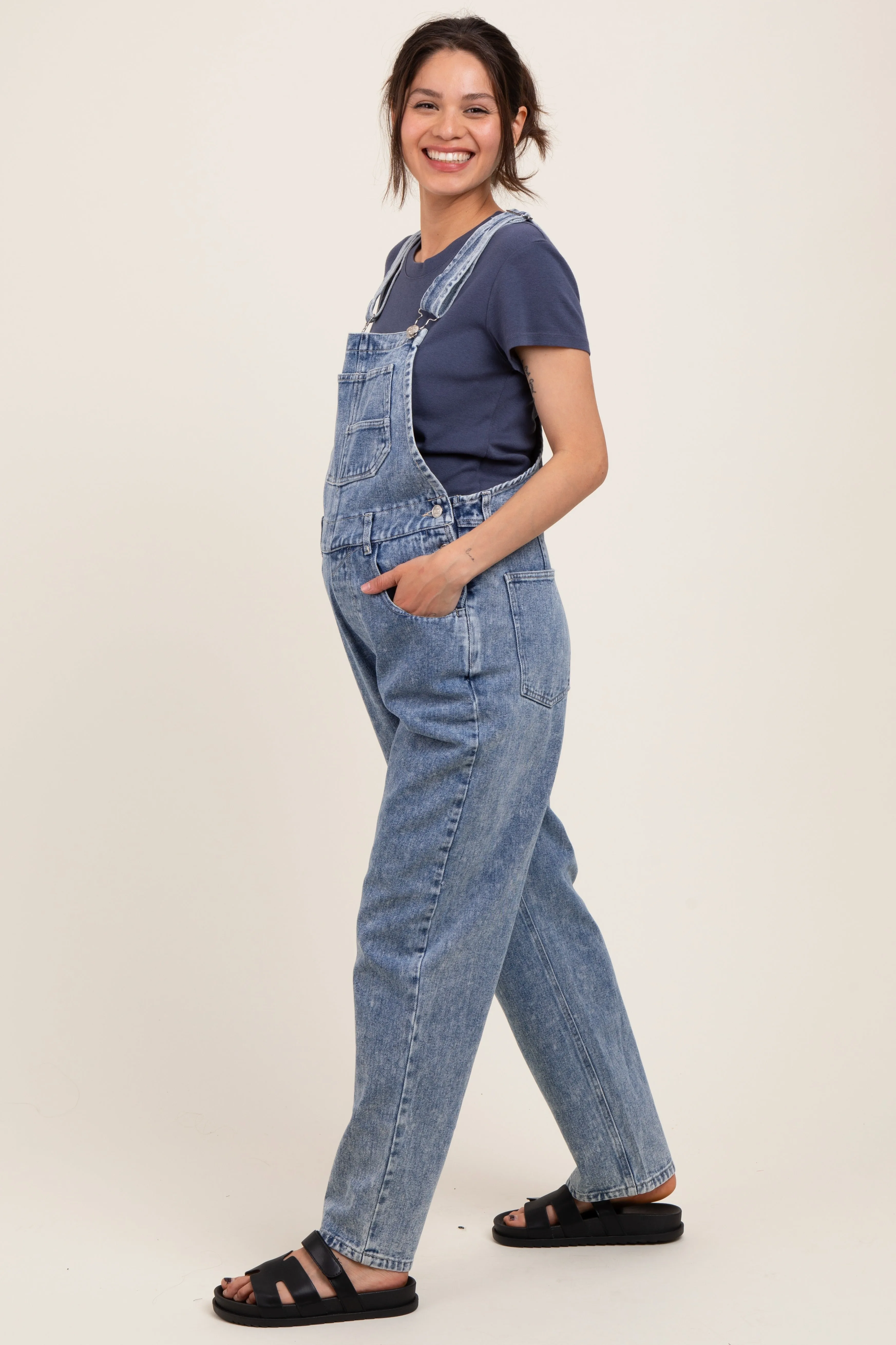 Light Blue Wash Rolled Cuff Maternity Denim Overalls sold by Pinkblush