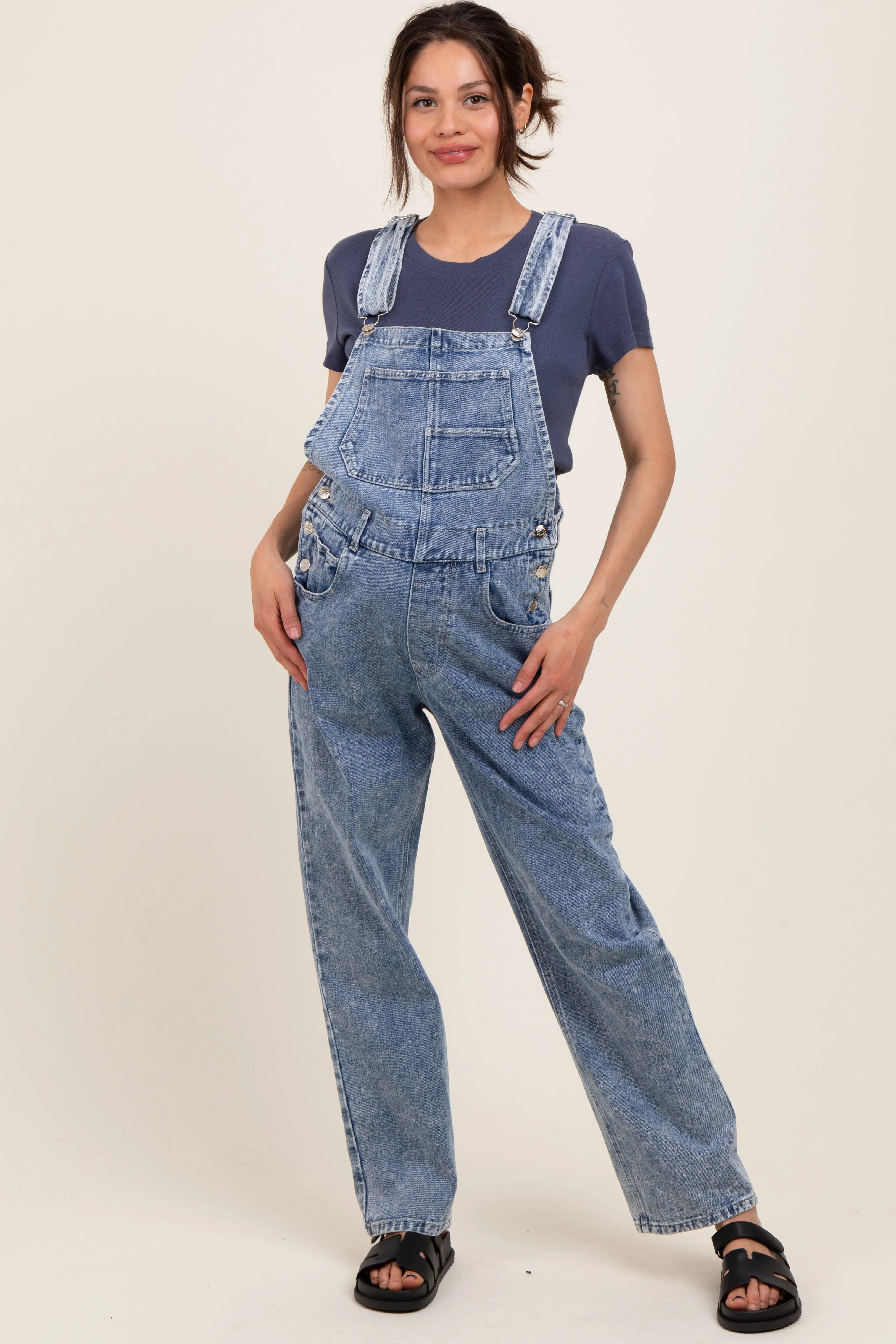 Light Blue Wash Rolled Cuff Maternity Denim Overalls sold by Pinkblush product image thumbnail 2