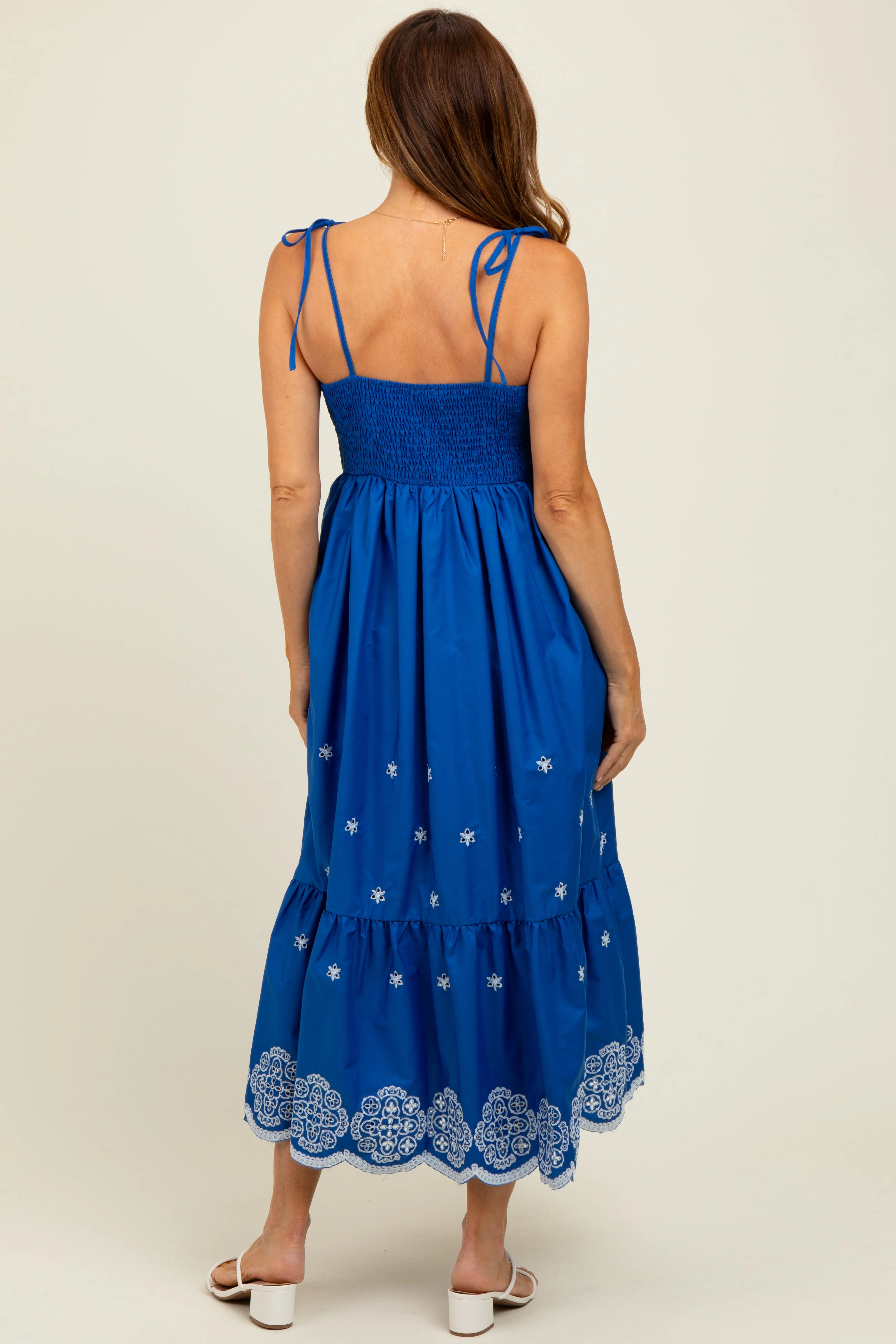 Blue Embroidered Shoulder Tie Midi Dress sold by Pinkblush product image thumbnail 4