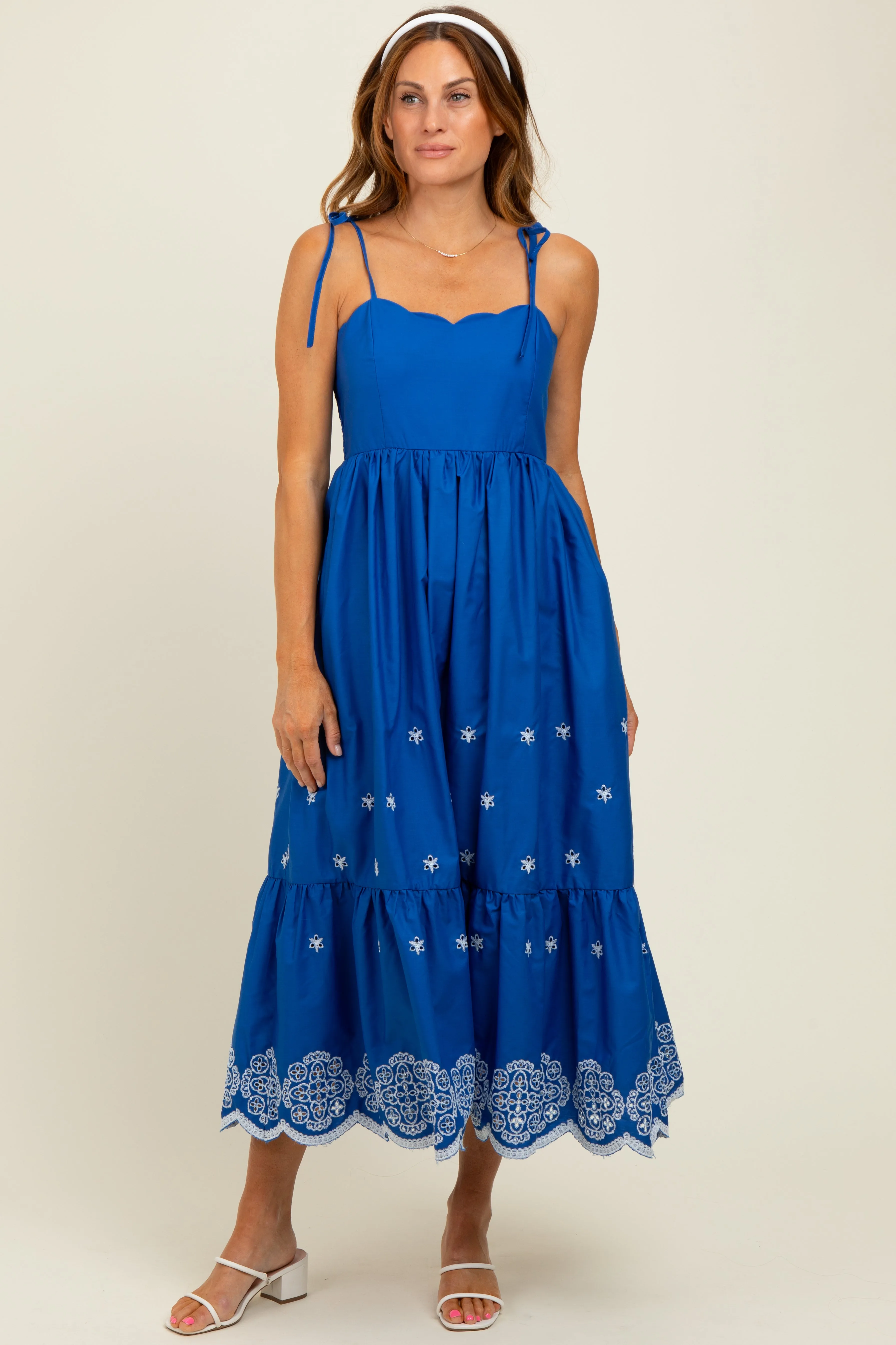 Blue Embroidered Shoulder Tie Midi Dress sold by Pinkblush