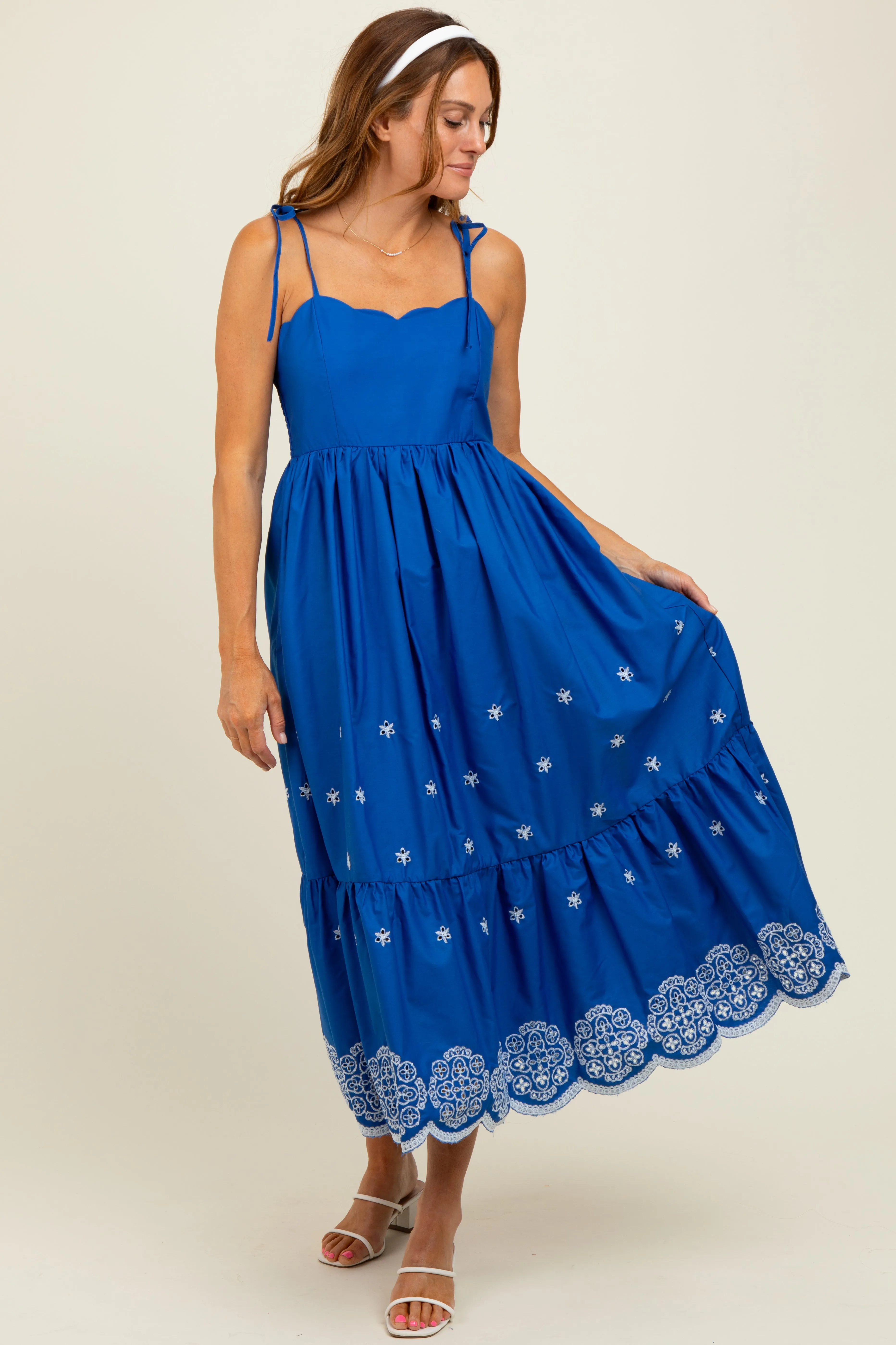 Blue Embroidered Shoulder Tie Midi Dress sold by Pinkblush product image thumbnail 2