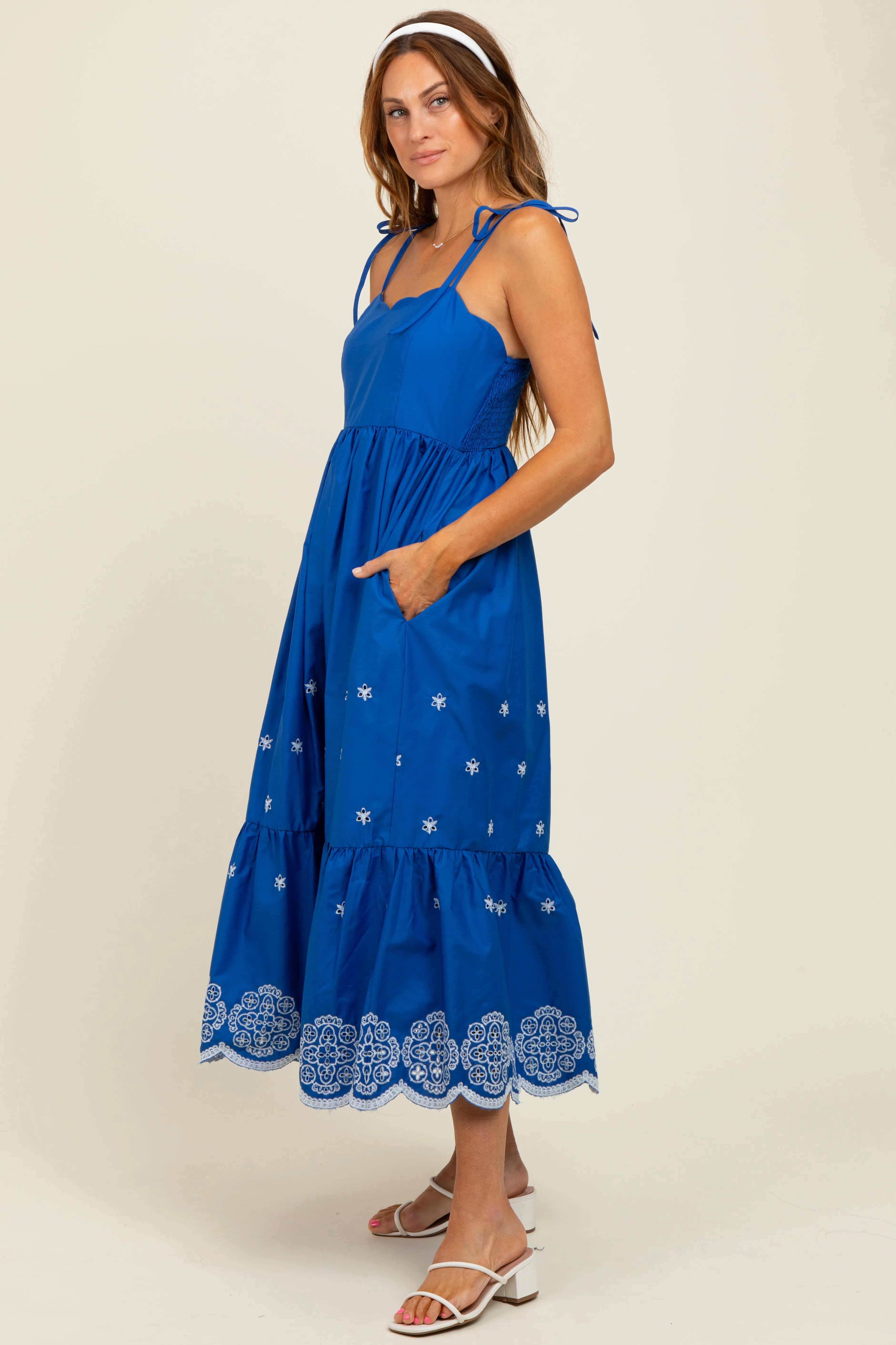 Blue Embroidered Shoulder Tie Midi Dress sold by Pinkblush product image thumbnail 3
