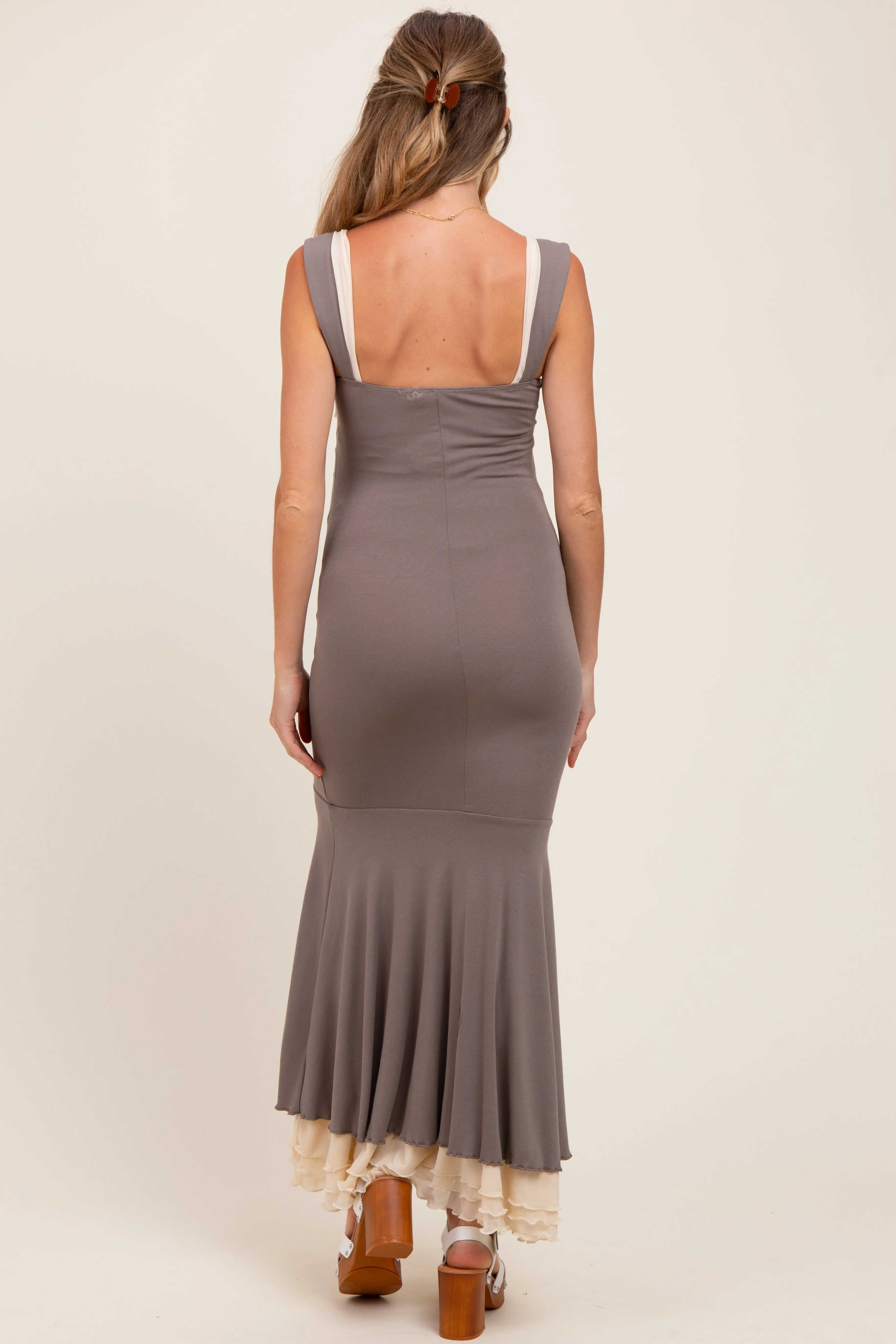 Taupe Knit Tie Detail Sleeveless Mermaid Maxi Maternity Dress sold by Pinkblush product image thumbnail 2
