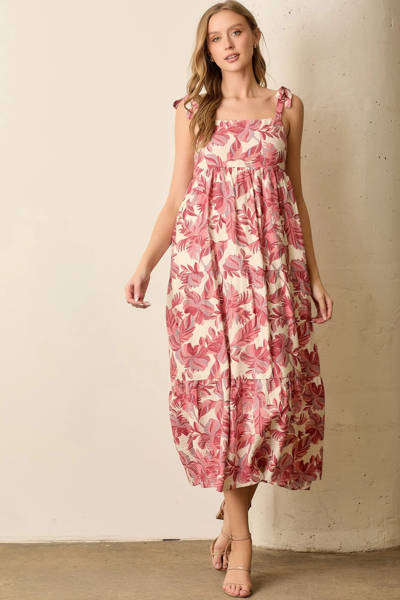 Mauve Floral Shoulder Tie Midi Dress sold by Pinkblush