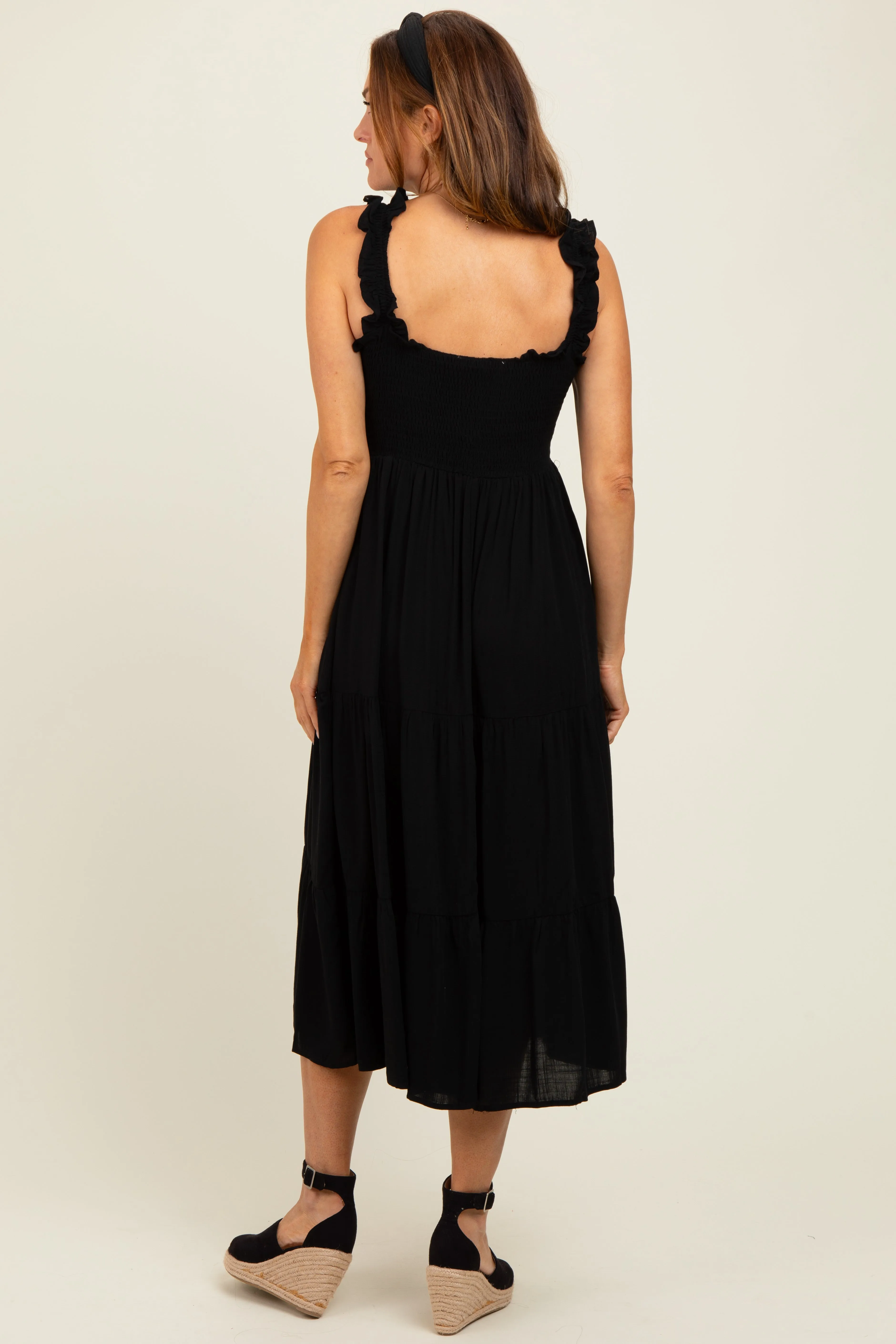 Black Smocked Ruffle Strap Tiered Midi Dress sold by Pinkblush product image thumbnail 3