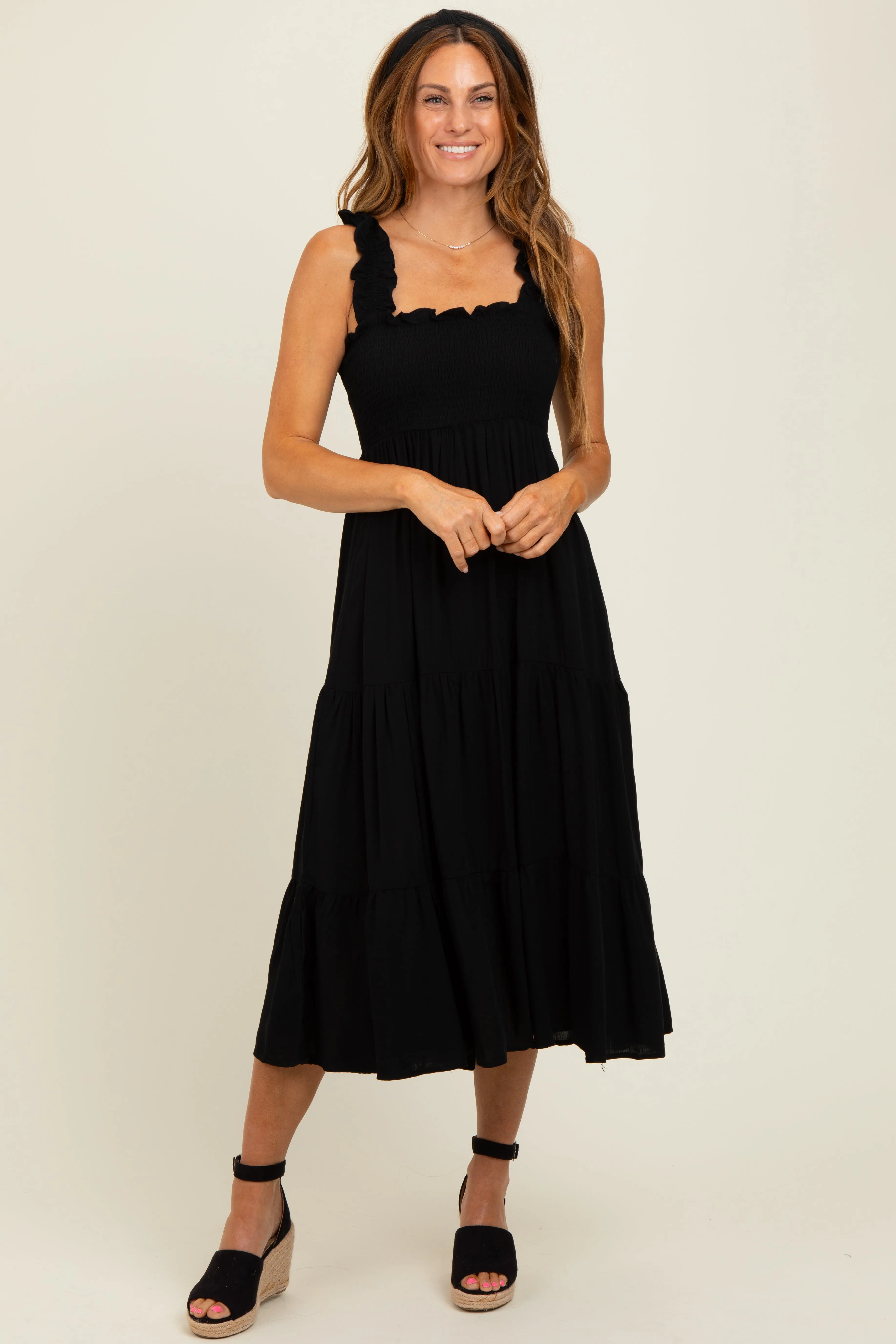 Black Smocked Ruffle Strap Tiered Midi Dress sold by Pinkblush