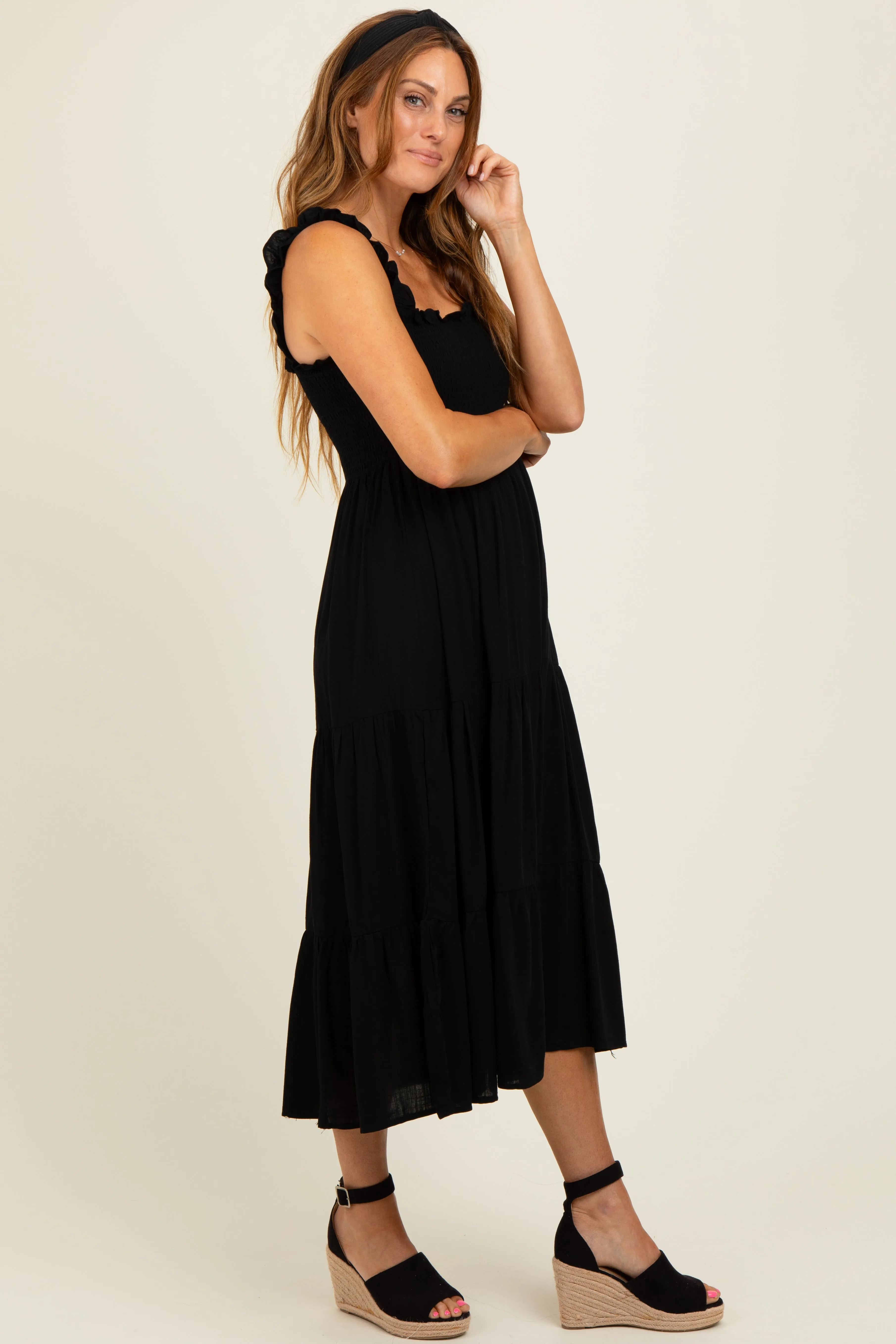 Black Smocked Ruffle Strap Tiered Midi Dress sold by Pinkblush product image thumbnail 2