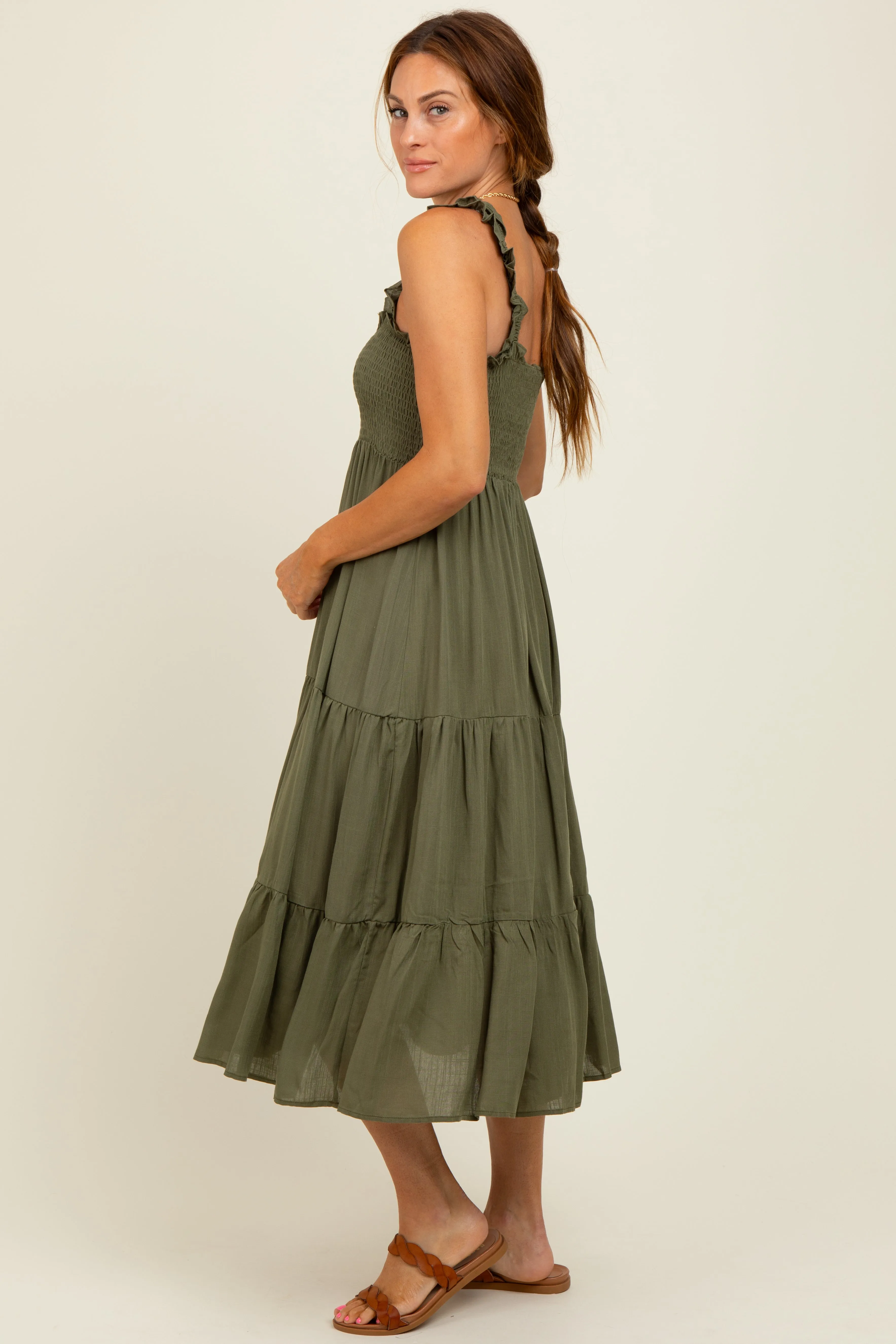 Olive Smocked Ruffle Strap Tiered Midi Dress sold by Pinkblush product image thumbnail 3