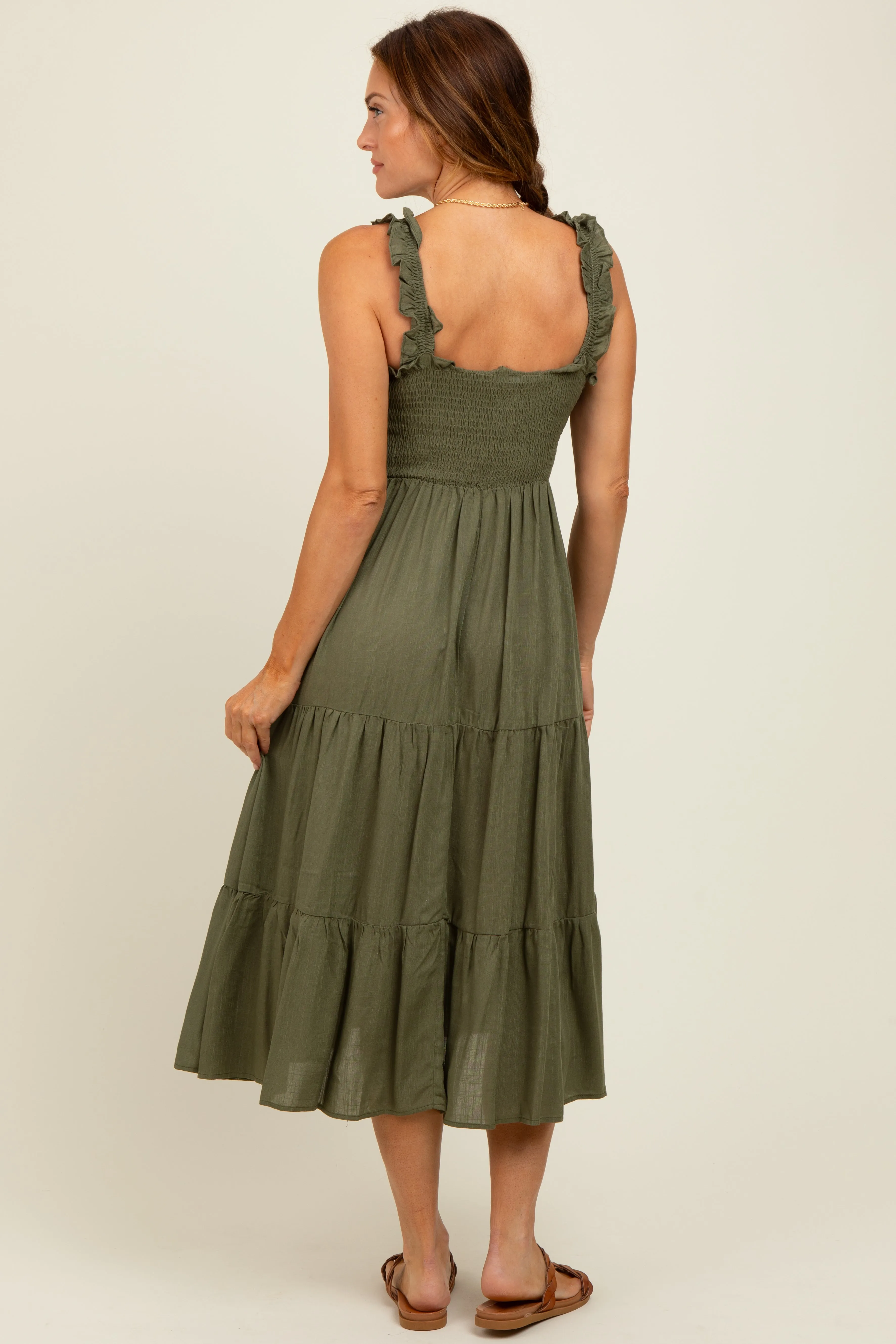 Olive Smocked Ruffle Strap Tiered Midi Dress sold by Pinkblush product image thumbnail 4