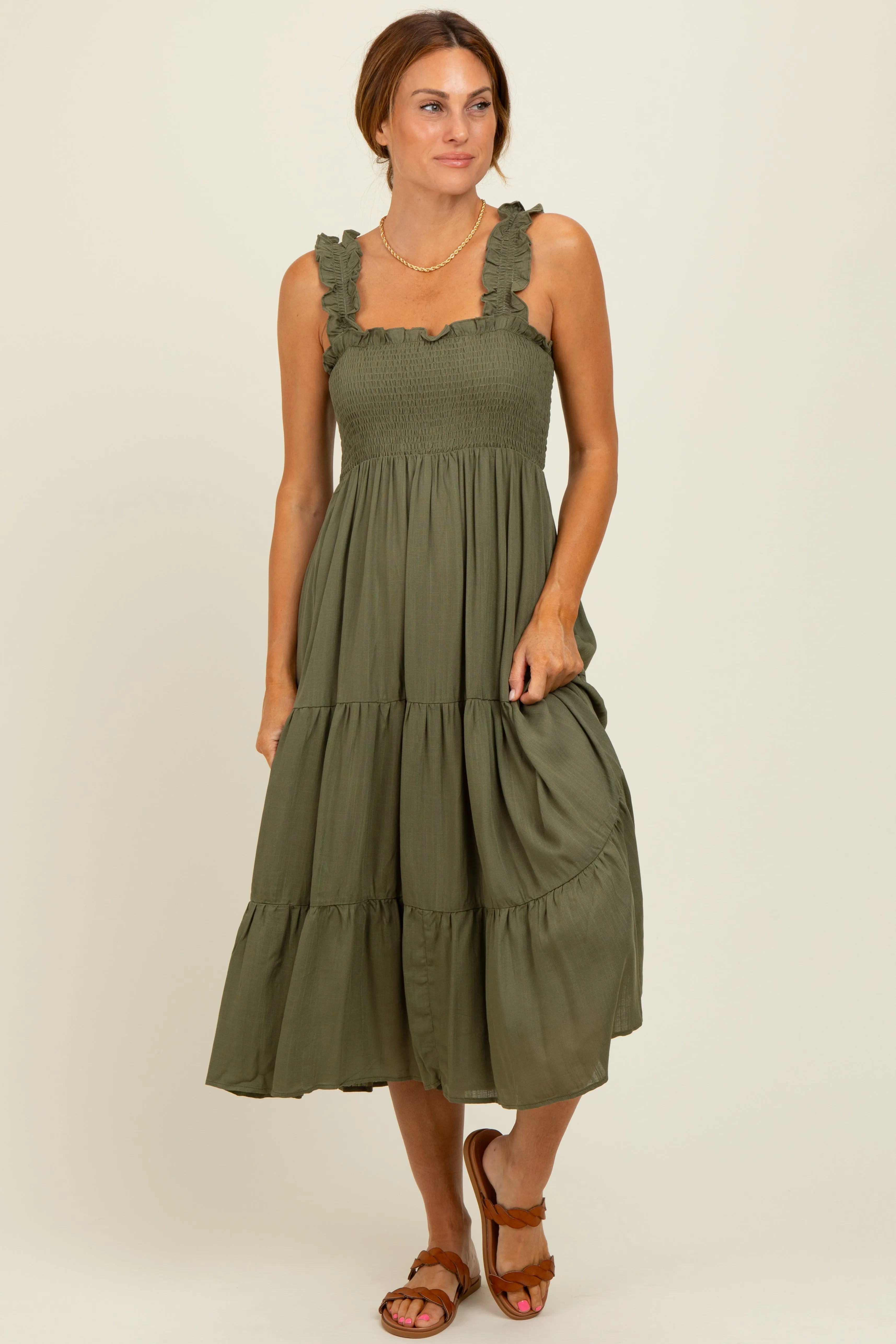 Olive Smocked Ruffle Strap Tiered Midi Dress sold by Pinkblush