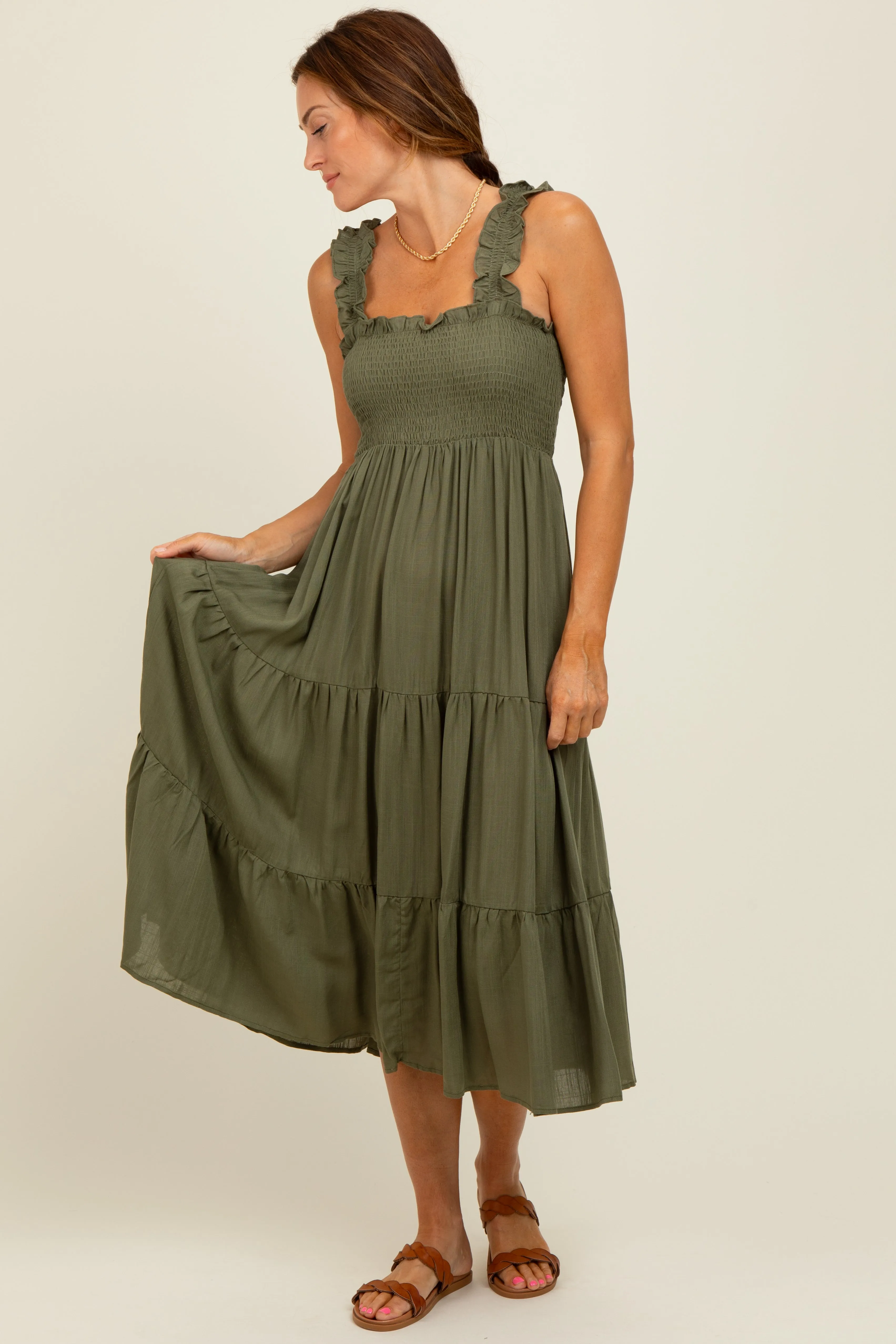 Olive Smocked Ruffle Strap Tiered Midi Dress sold by Pinkblush product image thumbnail 2
