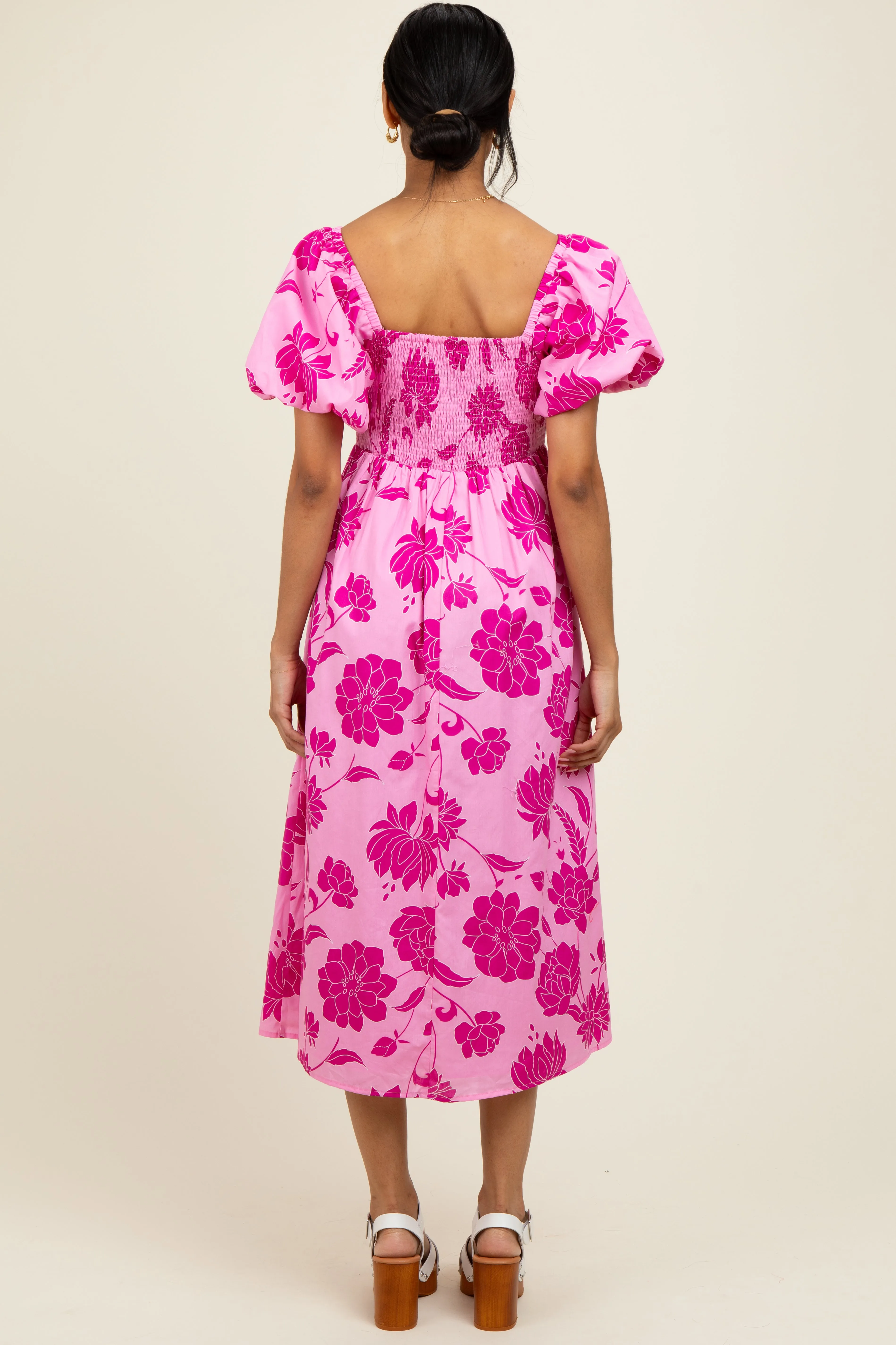 Pink Floral Smocked Puff Sleeve Midi Dress sold by Pinkblush product image thumbnail 4
