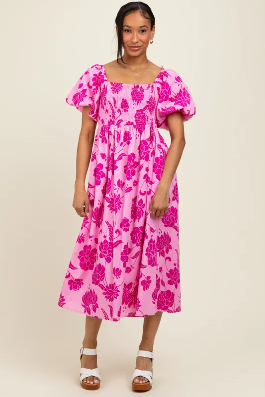 Pink Floral Smocked Puff Sleeve Midi Dress sold by Pinkblush
